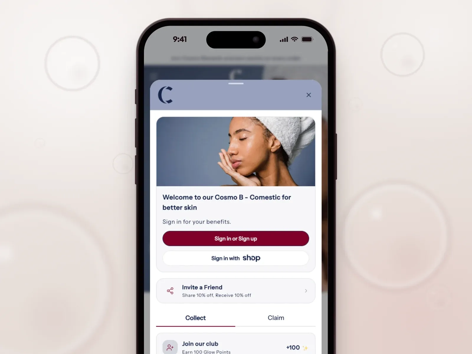 Joy's loyalty widget on a phone, guest view: a sign-up prompt, an invite-a-friend offer and the first ways to earn