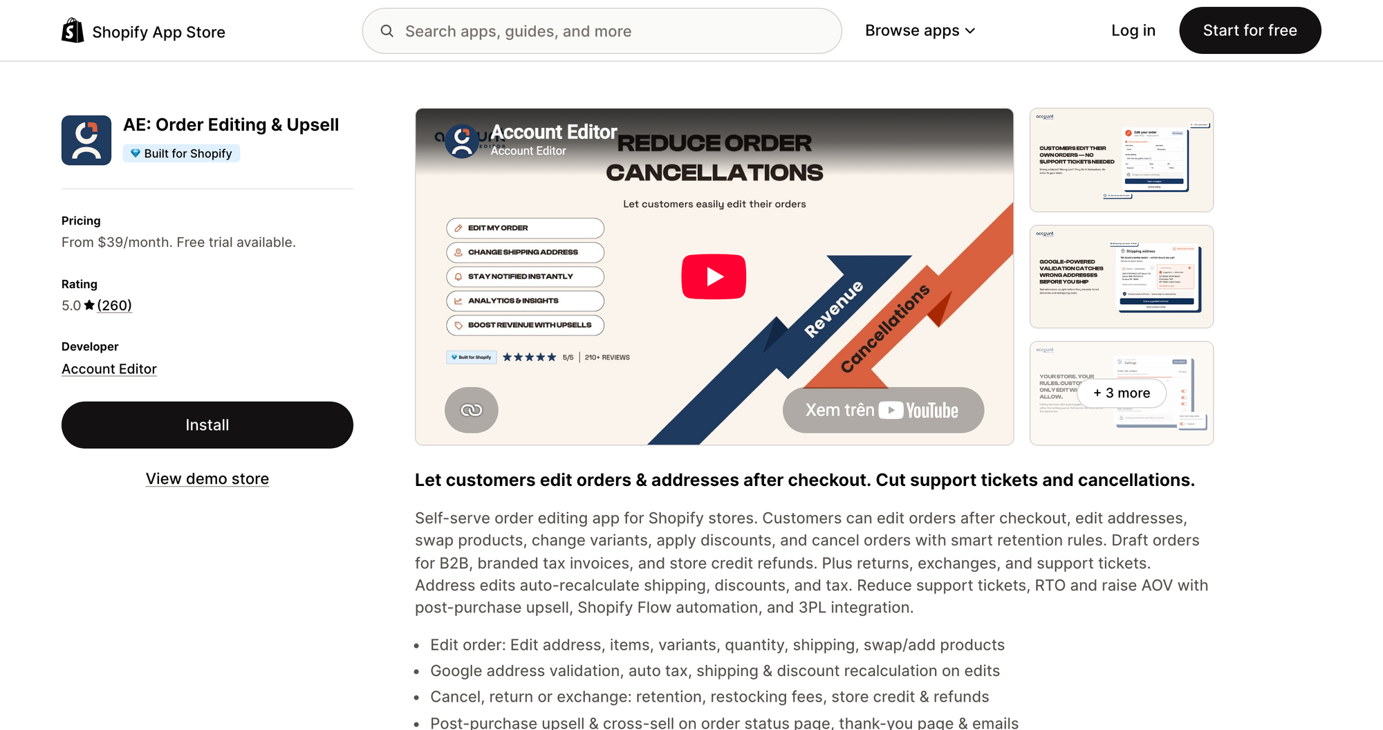 AE Order Editing and Upsell listing on the Shopify App Store