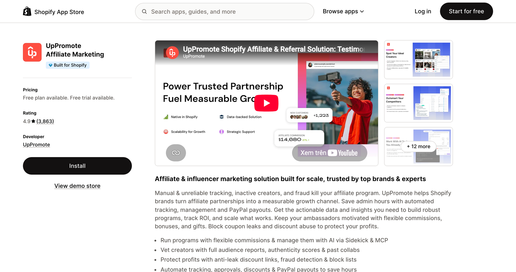 UpPromote Affiliate Marketing listing on the Shopify App Store
