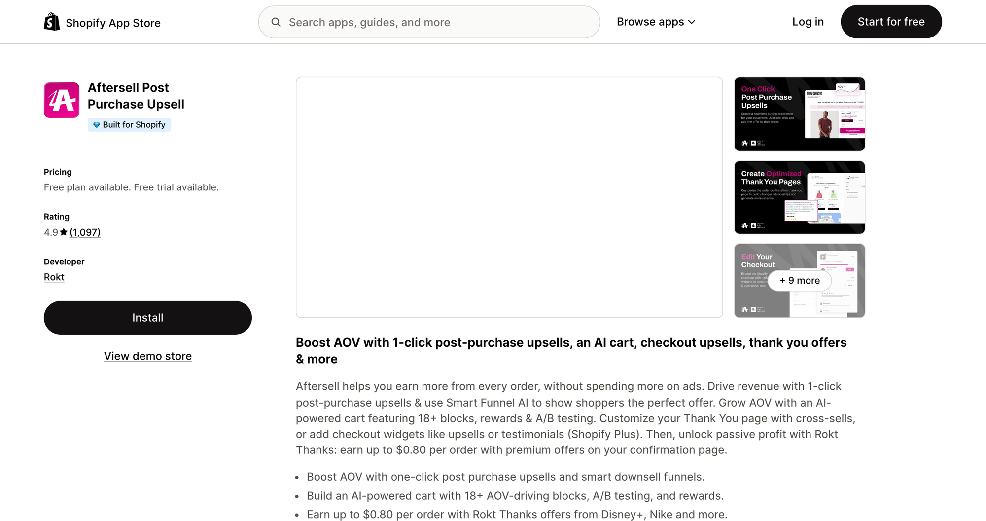 Aftersell Post Purchase Upsell listing on the Shopify App Store