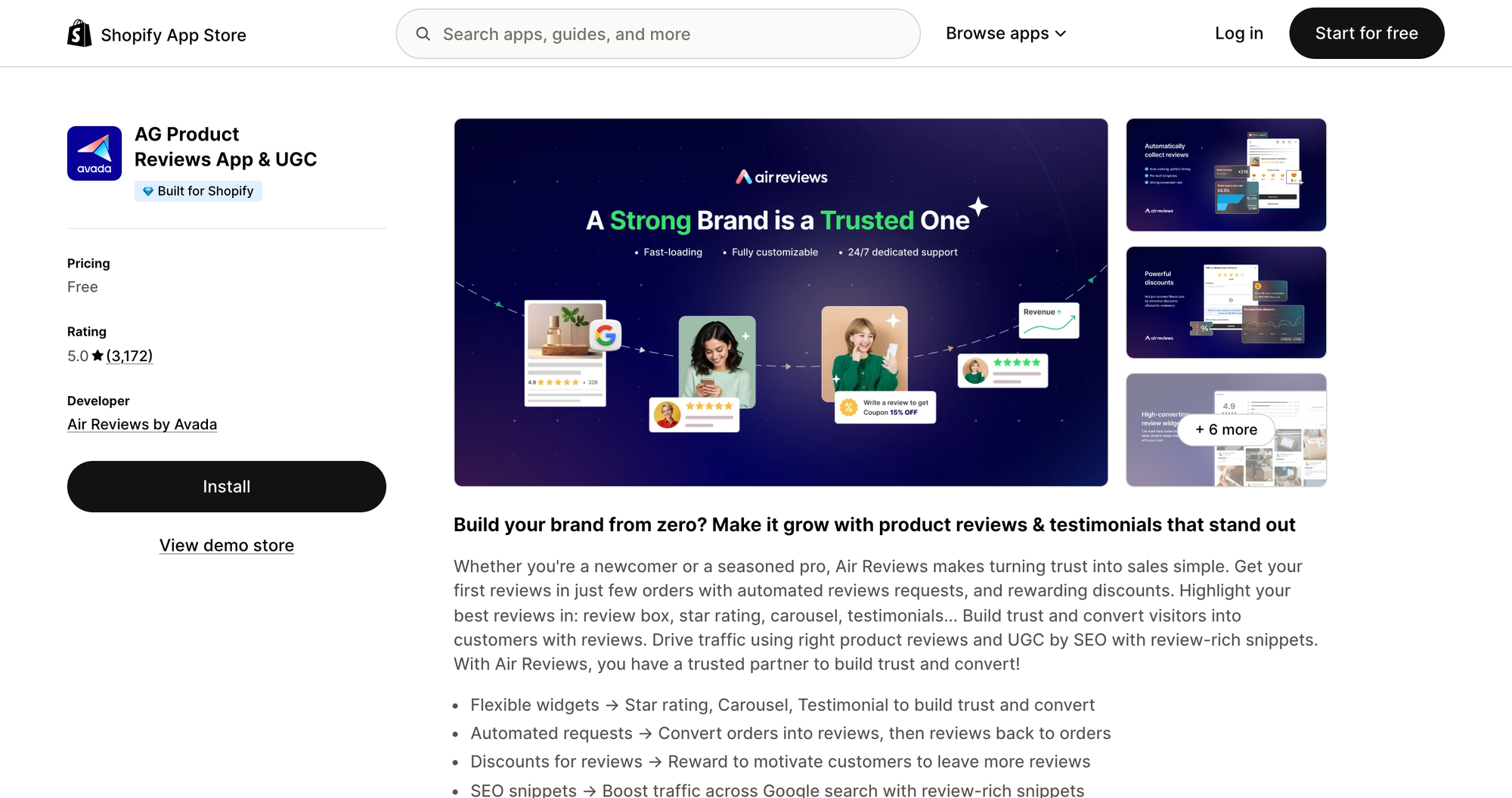 AG Product Reviews and UGC listing on the Shopify App Store