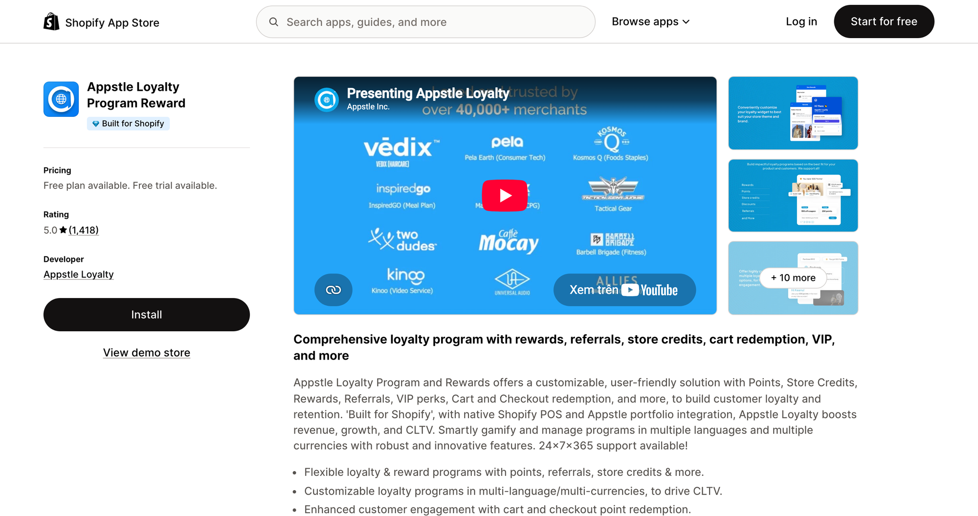 Appstle Loyalty Program Reward listing on the Shopify App Store