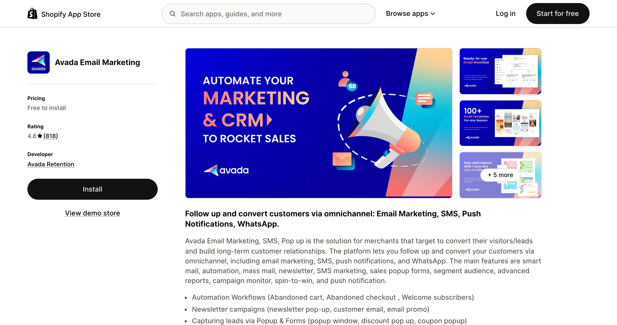 Avada Email Marketing listing on the Shopify App Store