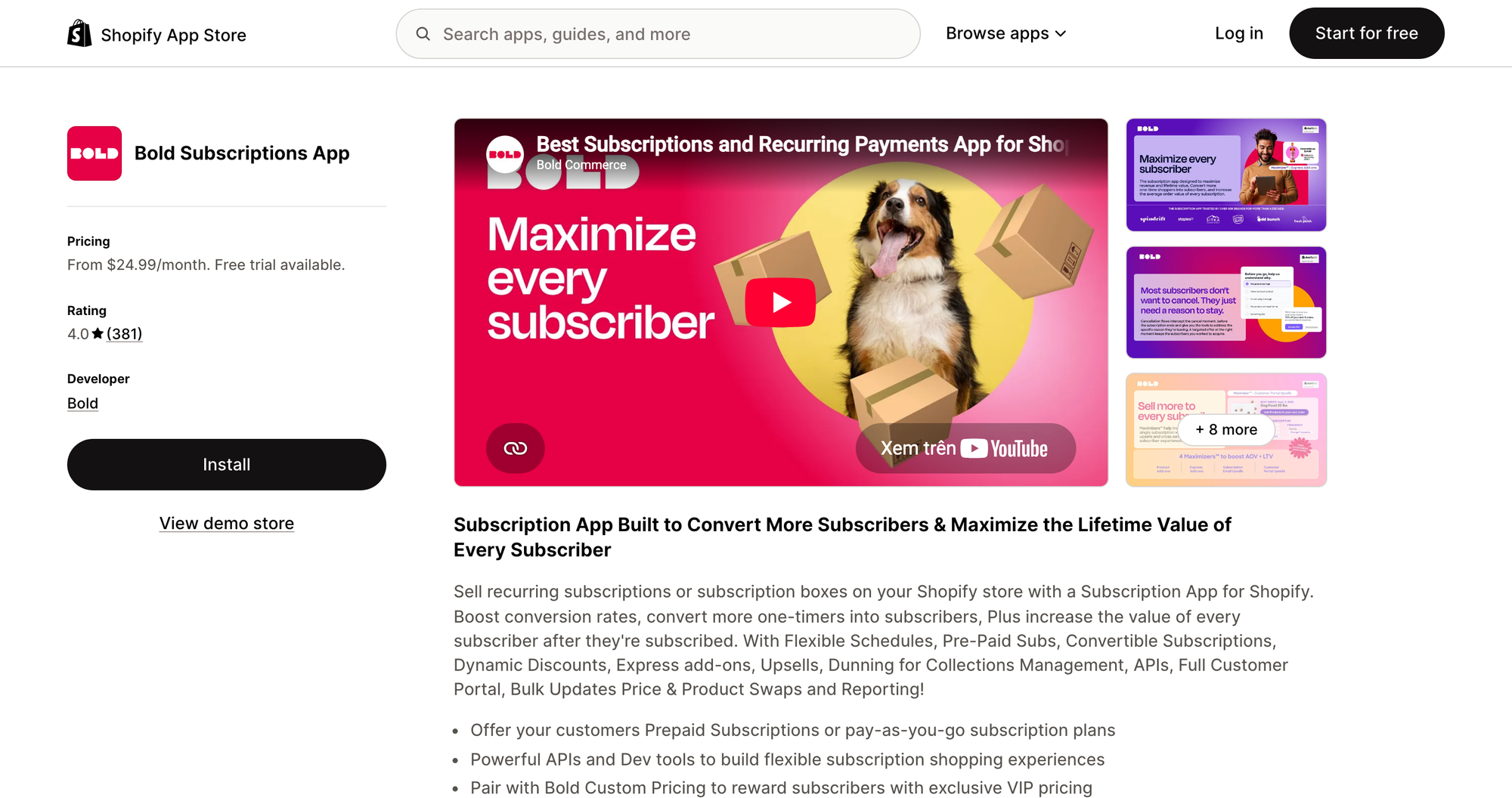 Bold Subscriptions listing on the Shopify App Store