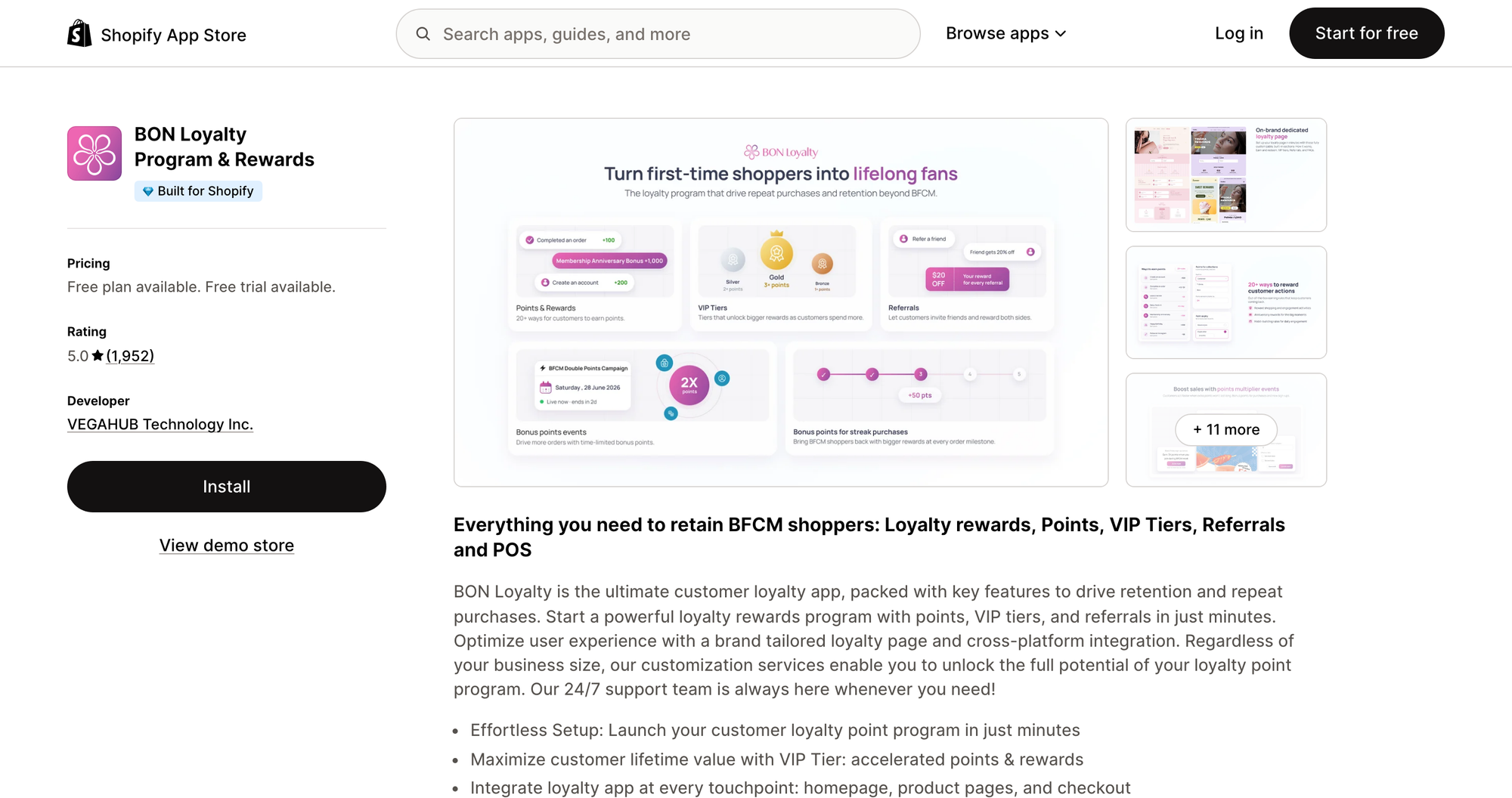 BON Loyalty Program & Rewards listing on the Shopify App Store