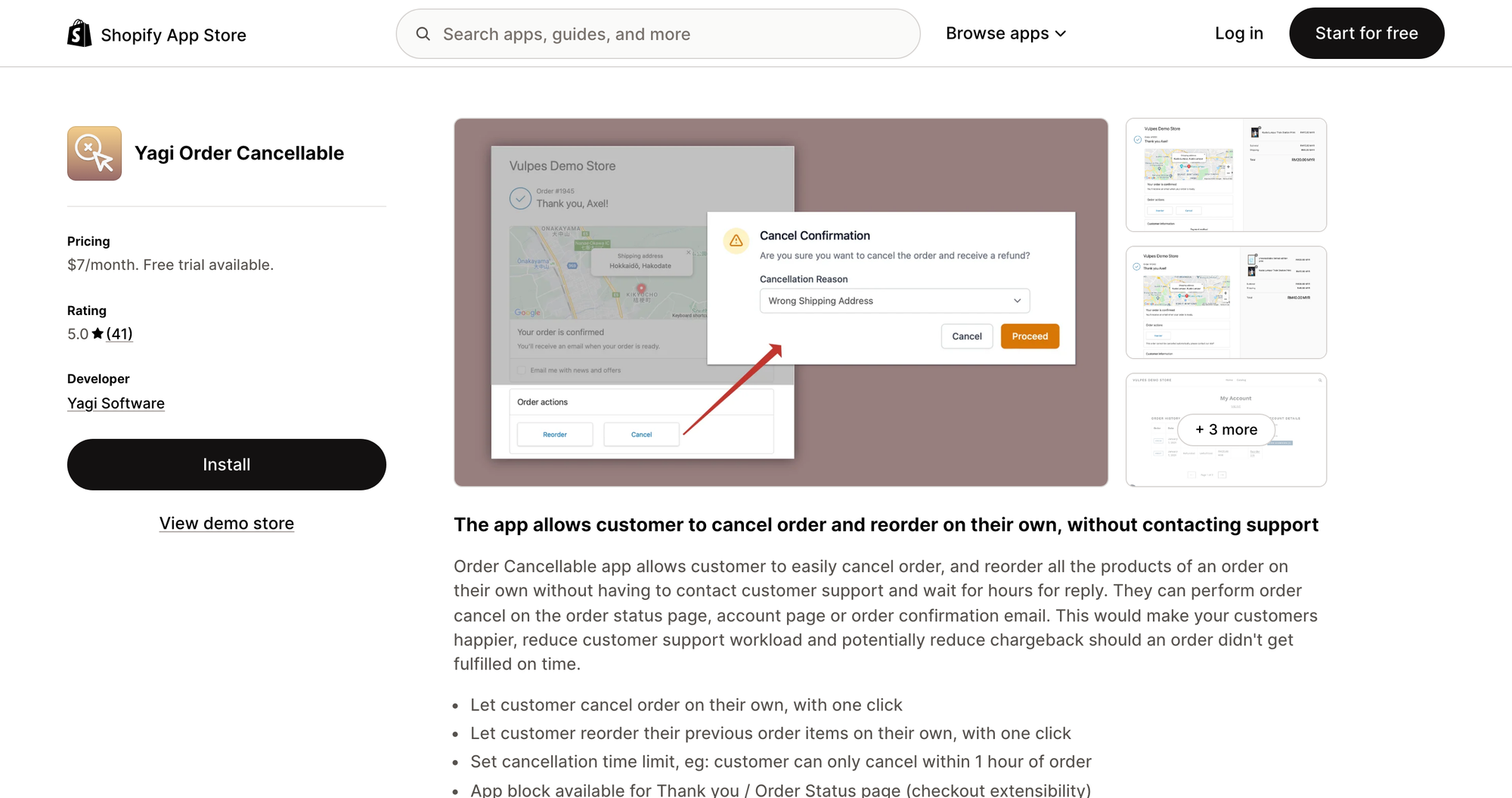 Yagi Order Cancellable listing on the Shopify App Store