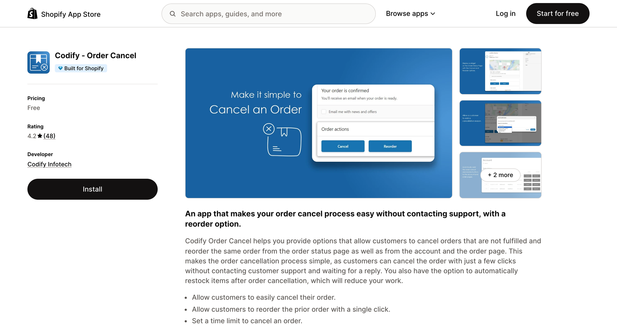 Codify Order Cancel listing on the Shopify App Store