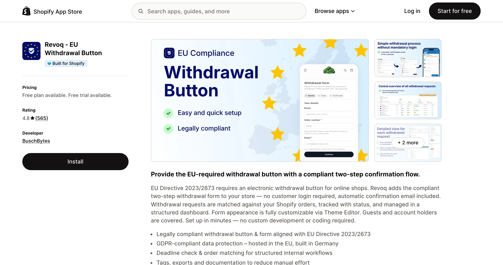 Revoq ‑ EU Withdrawal Button listing on the Shopify App Store