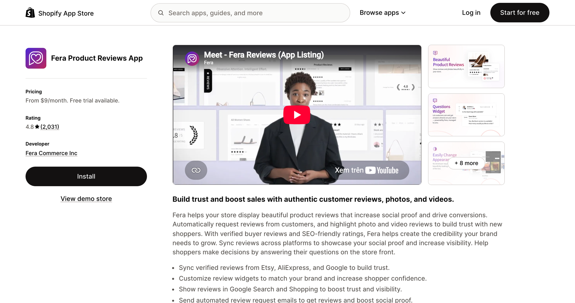 Fera Product Reviews App listing on the Shopify App Store