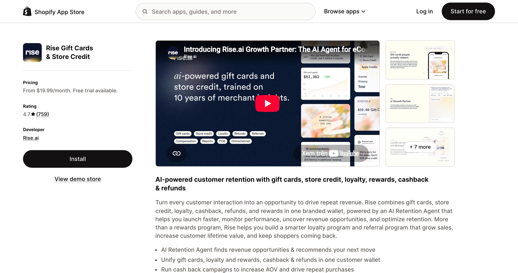 Rise Gift Cards & Store Credit listing on the Shopify App Store