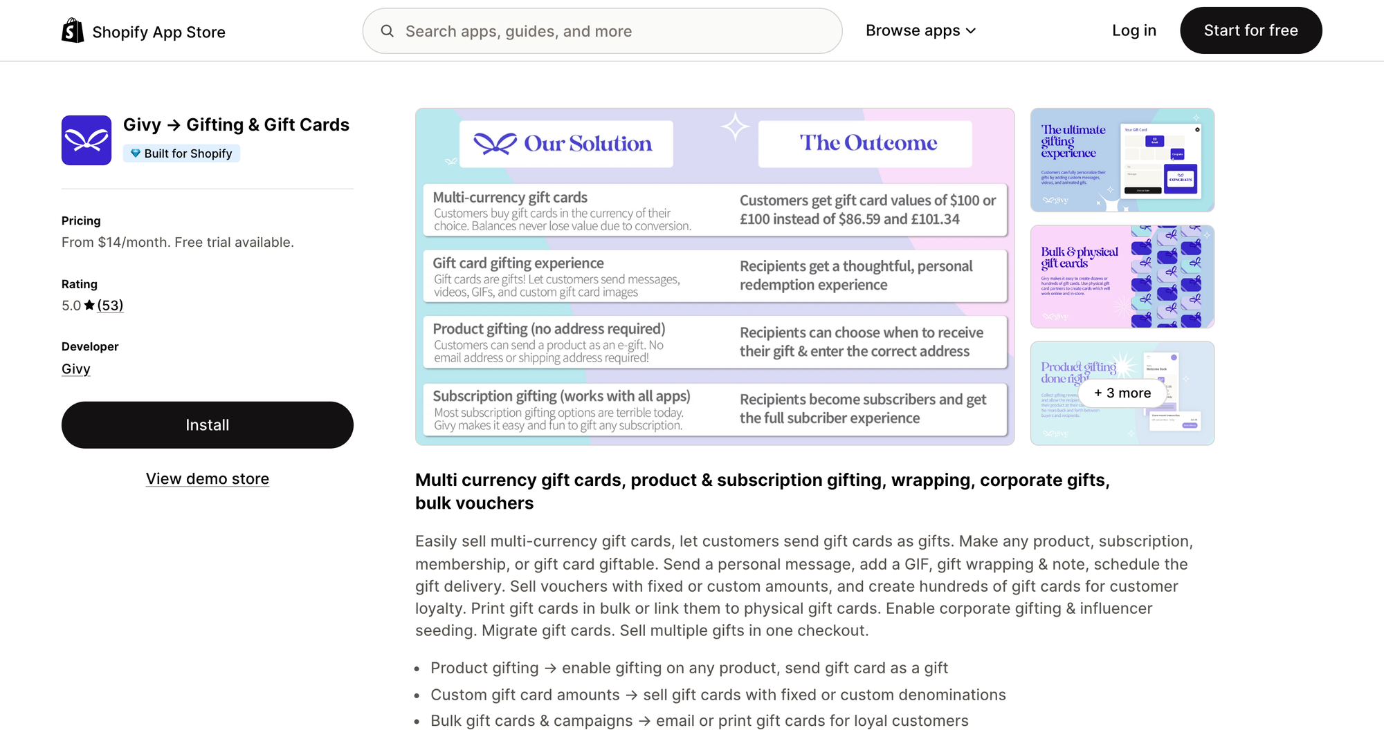 Givy → Gifting & Gift Cards listing on the Shopify App Store