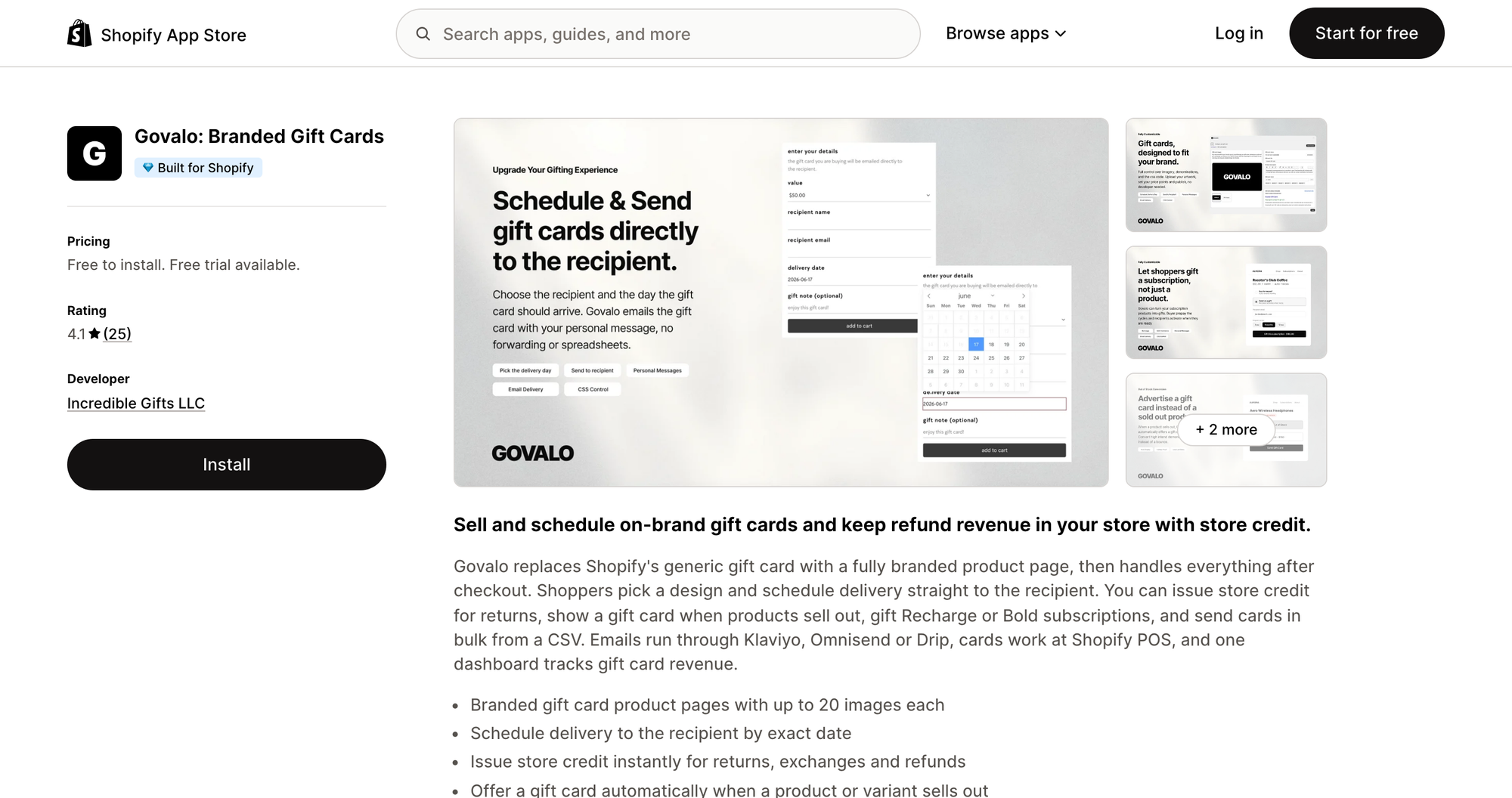 Govalo: Branded Gift Cards listing on the Shopify App Store