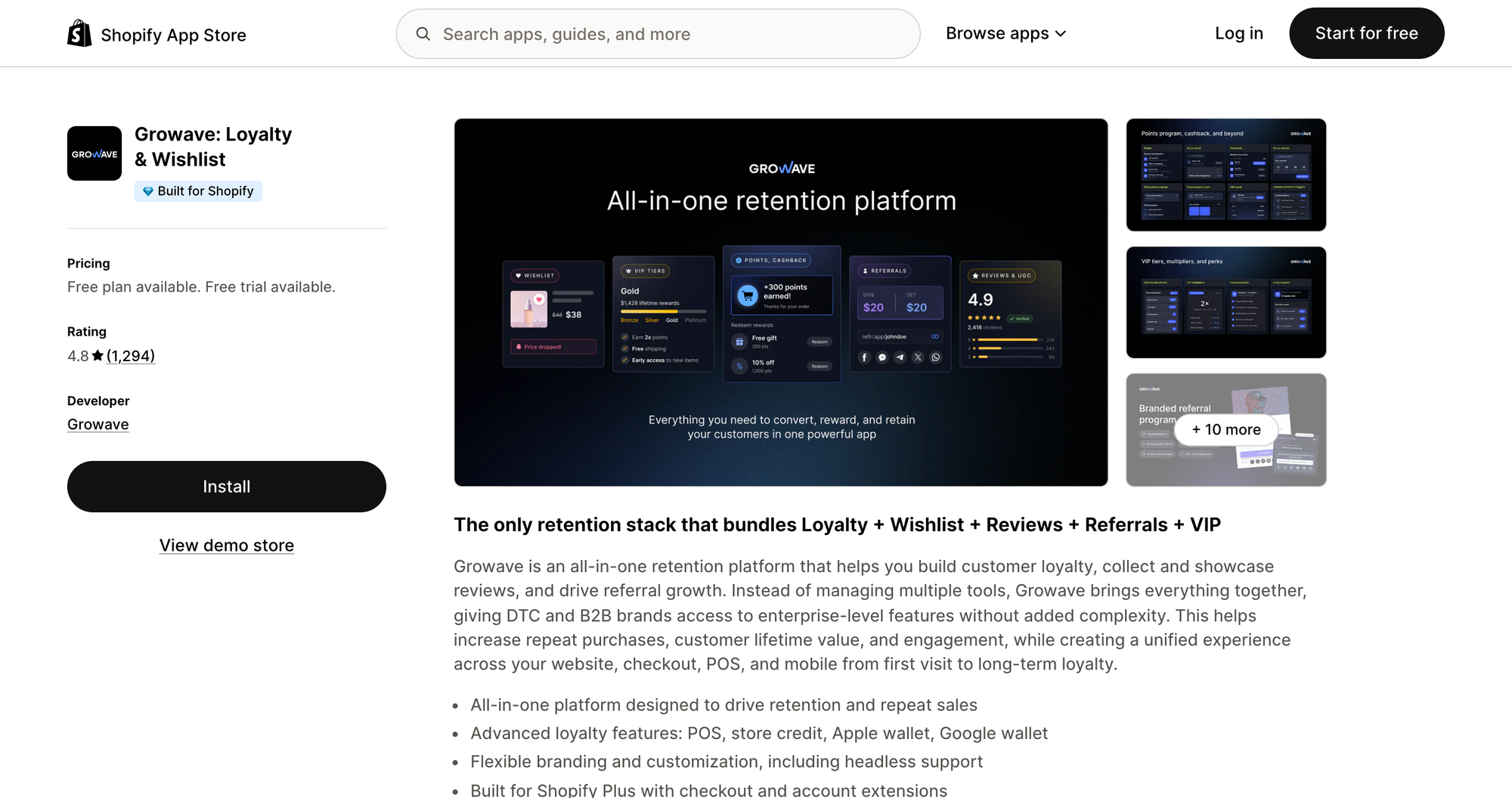 Growave: Loyalty & Wishlist listing on the Shopify App Store