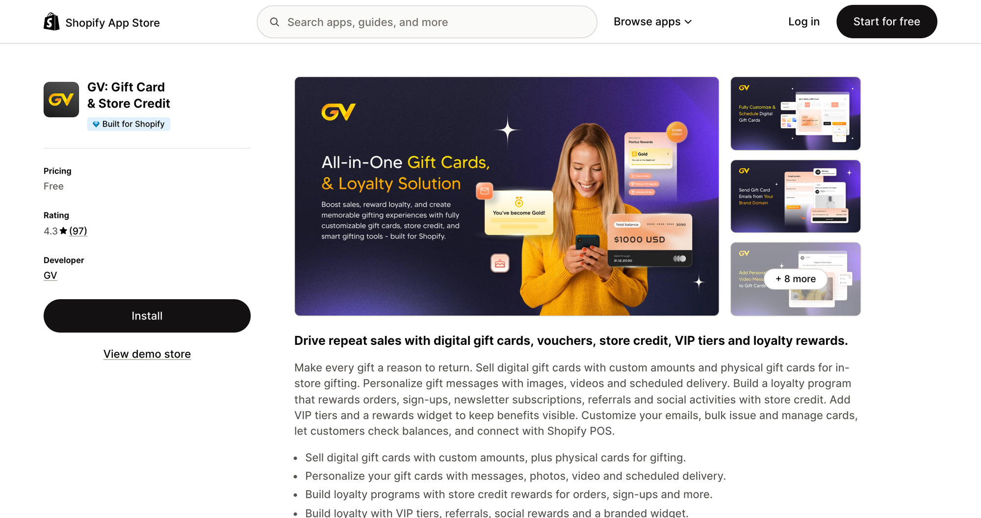GV: Gift Card & Store Credit listing on the Shopify App Store
