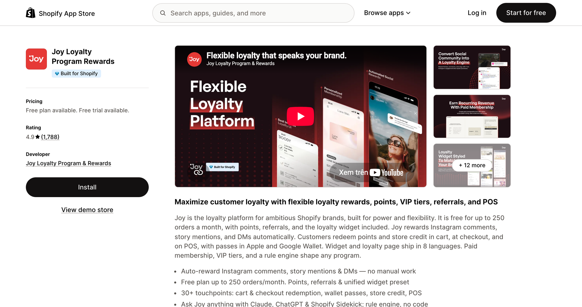 Joy Loyalty Program Rewards listing on the Shopify App Store