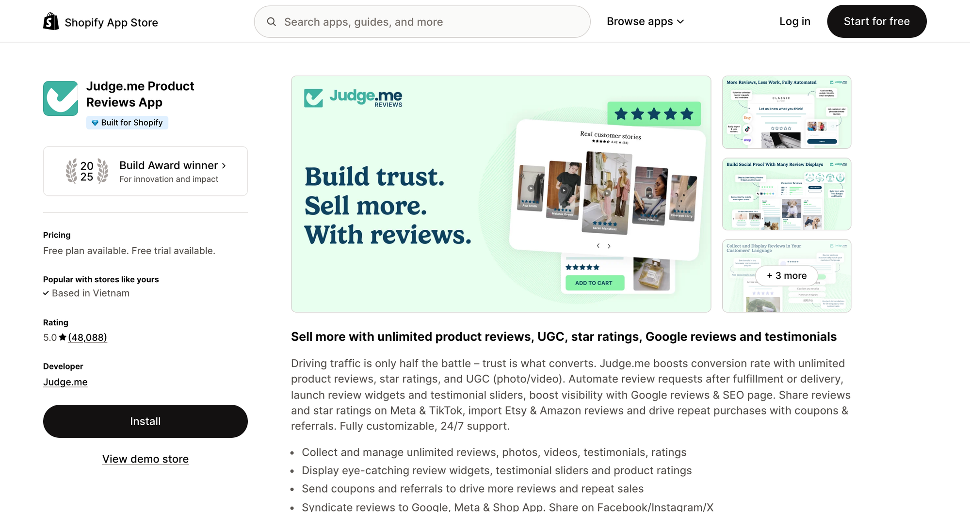 Judge.me listing on the Shopify App Store