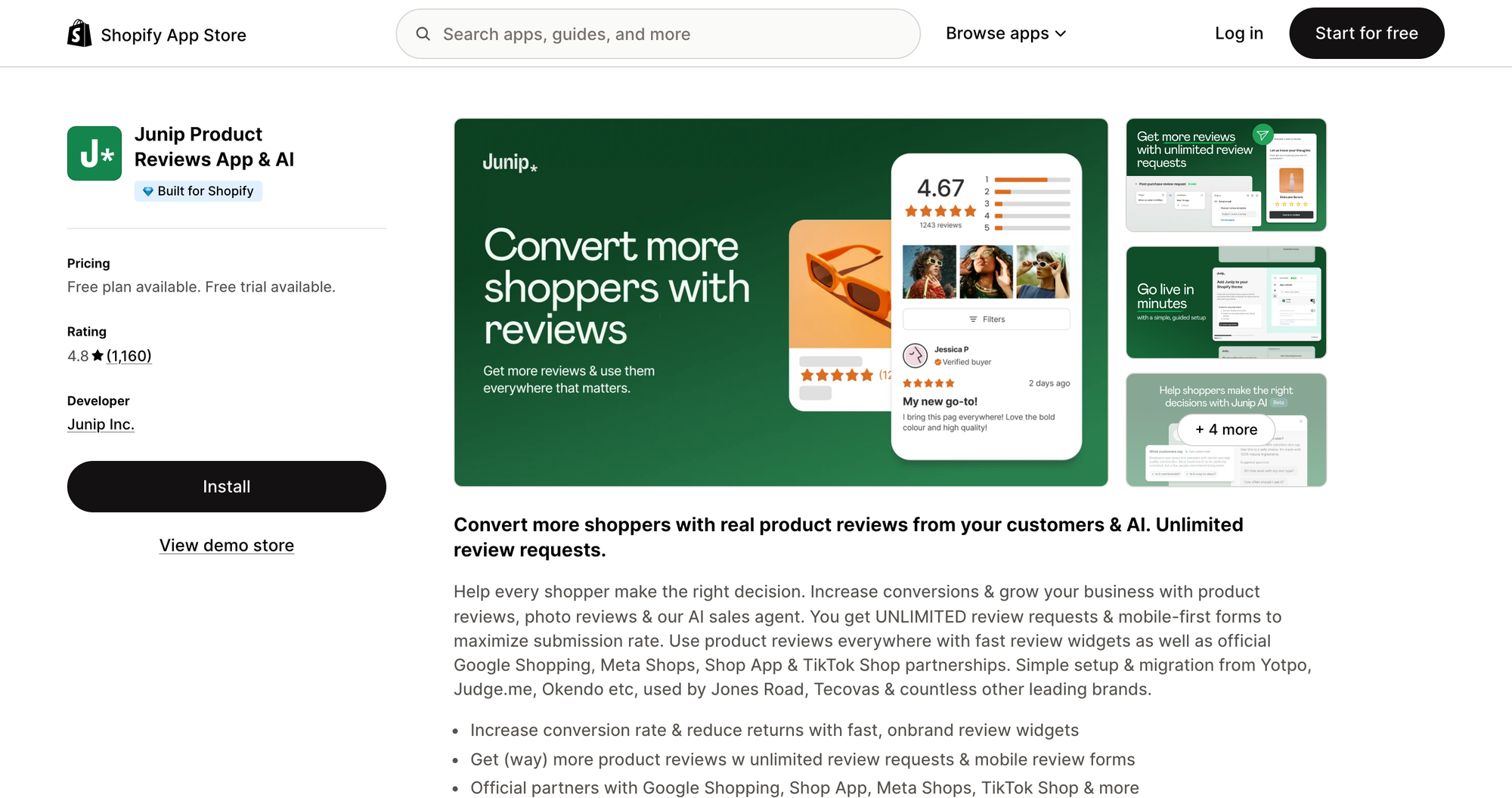 Junip Product Reviews App & AI listing on the Shopify App Store