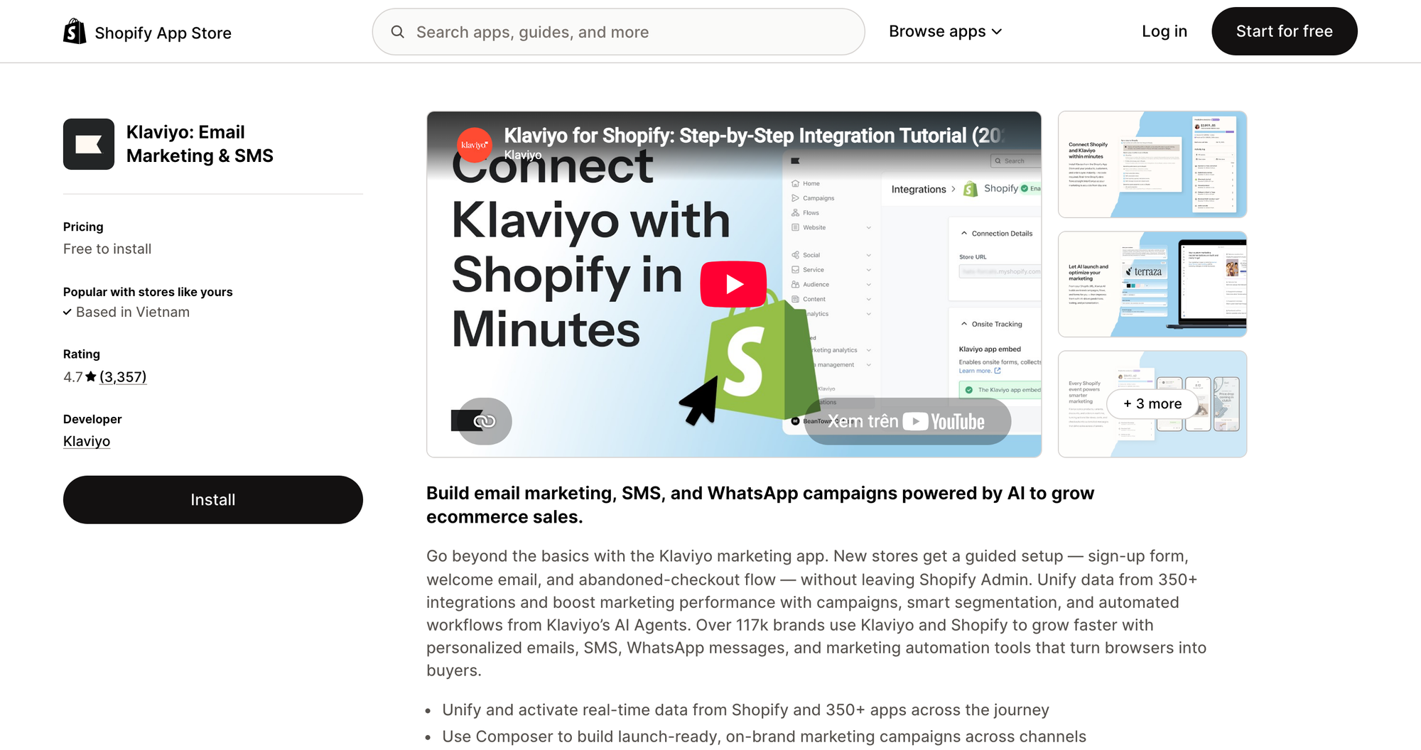 Klaviyo email marketing listing on the Shopify App Store