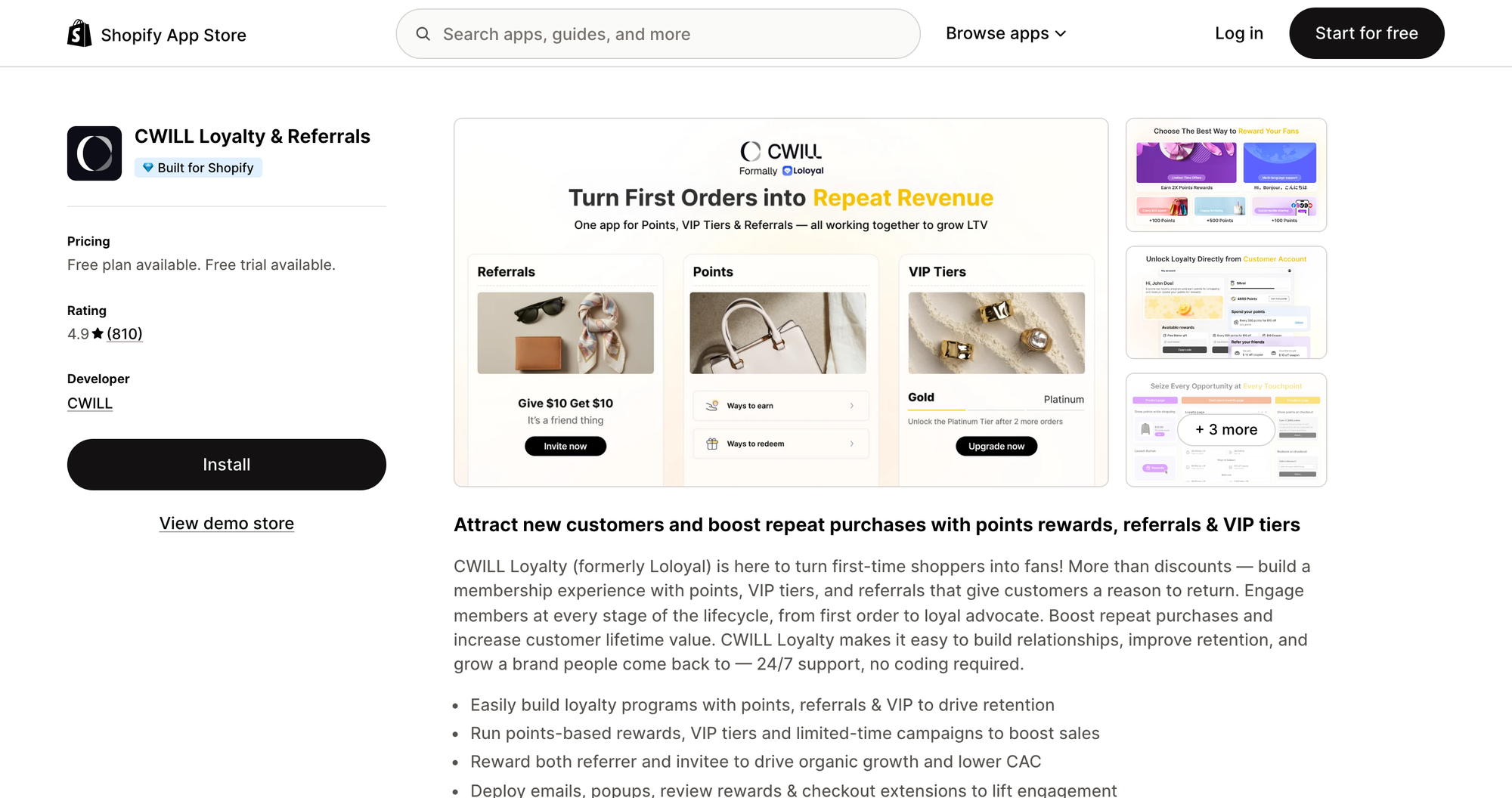 CWILL Loyalty & Referrals listing on the Shopify App Store