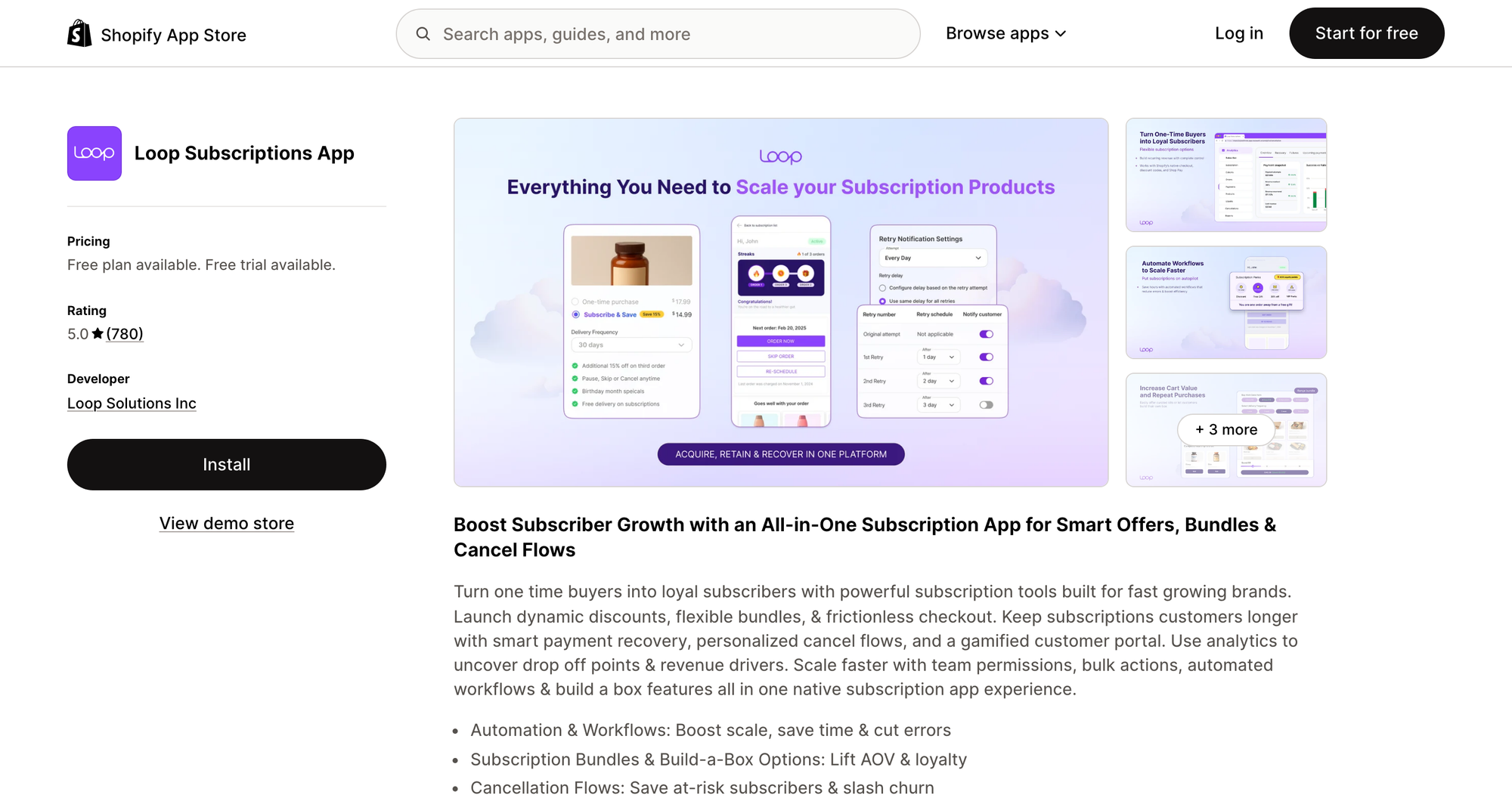Loop Subscriptions App listing on the Shopify App Store