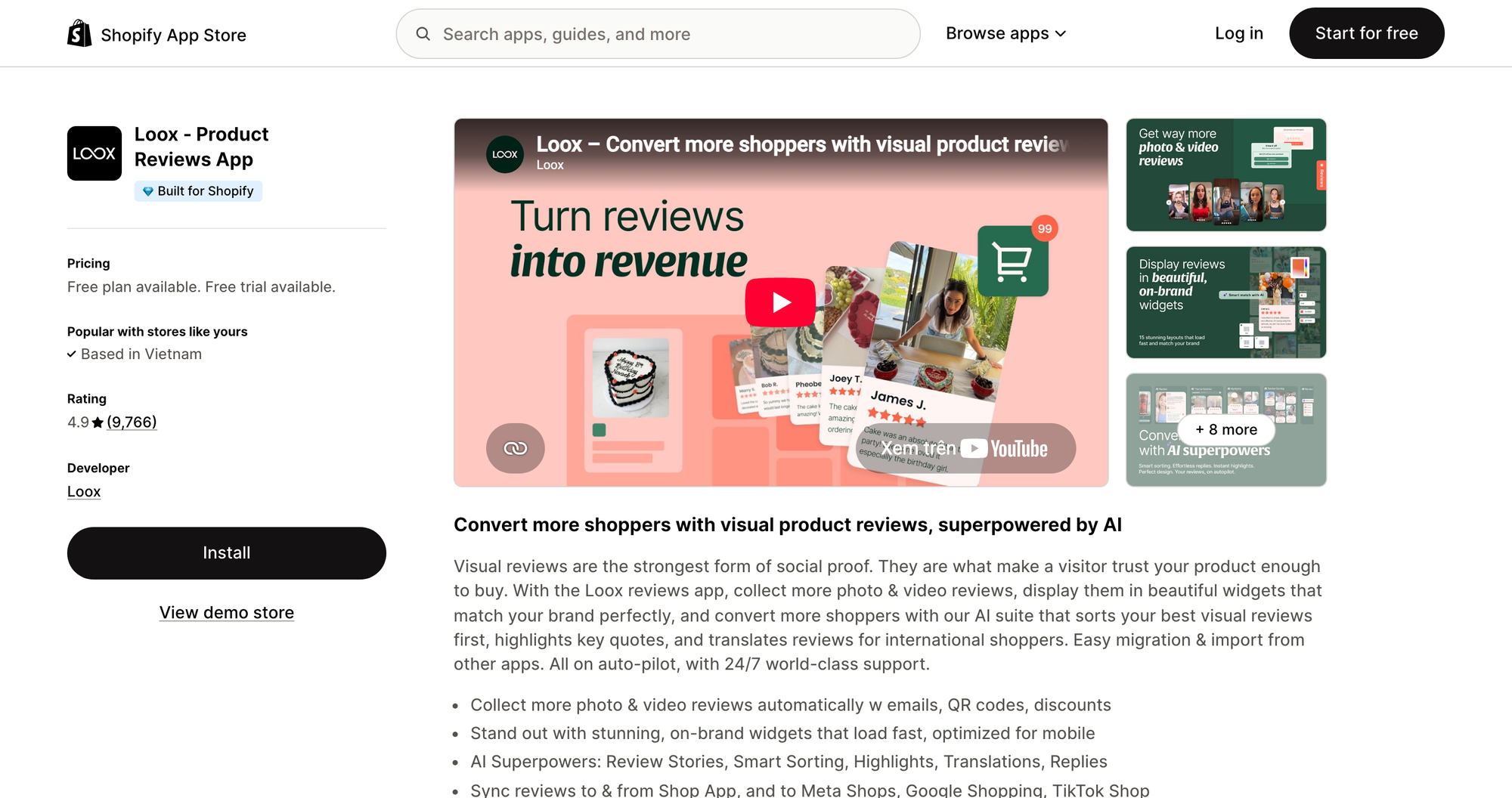 Loox product reviews listing on the Shopify App Store