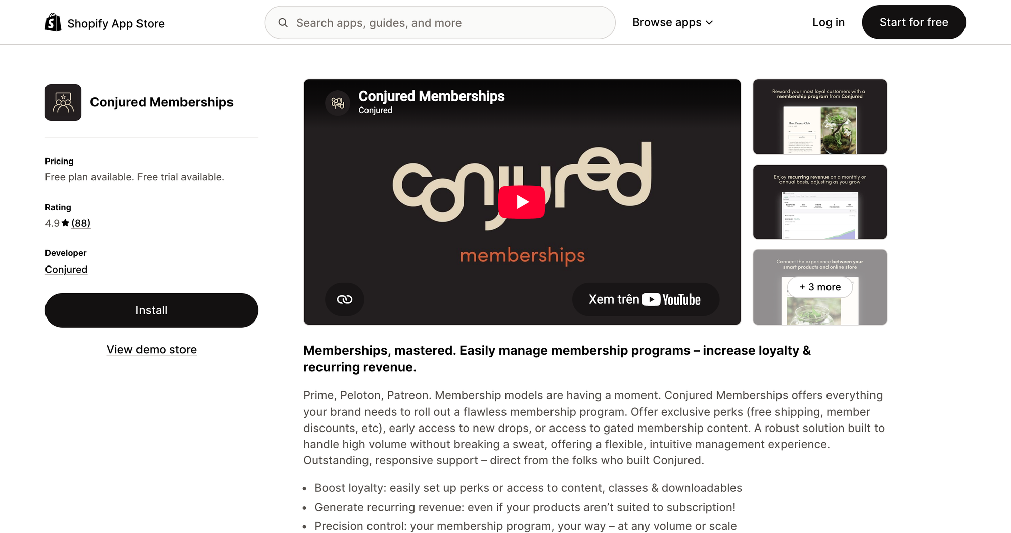 Conjured Memberships listing on the Shopify App Store