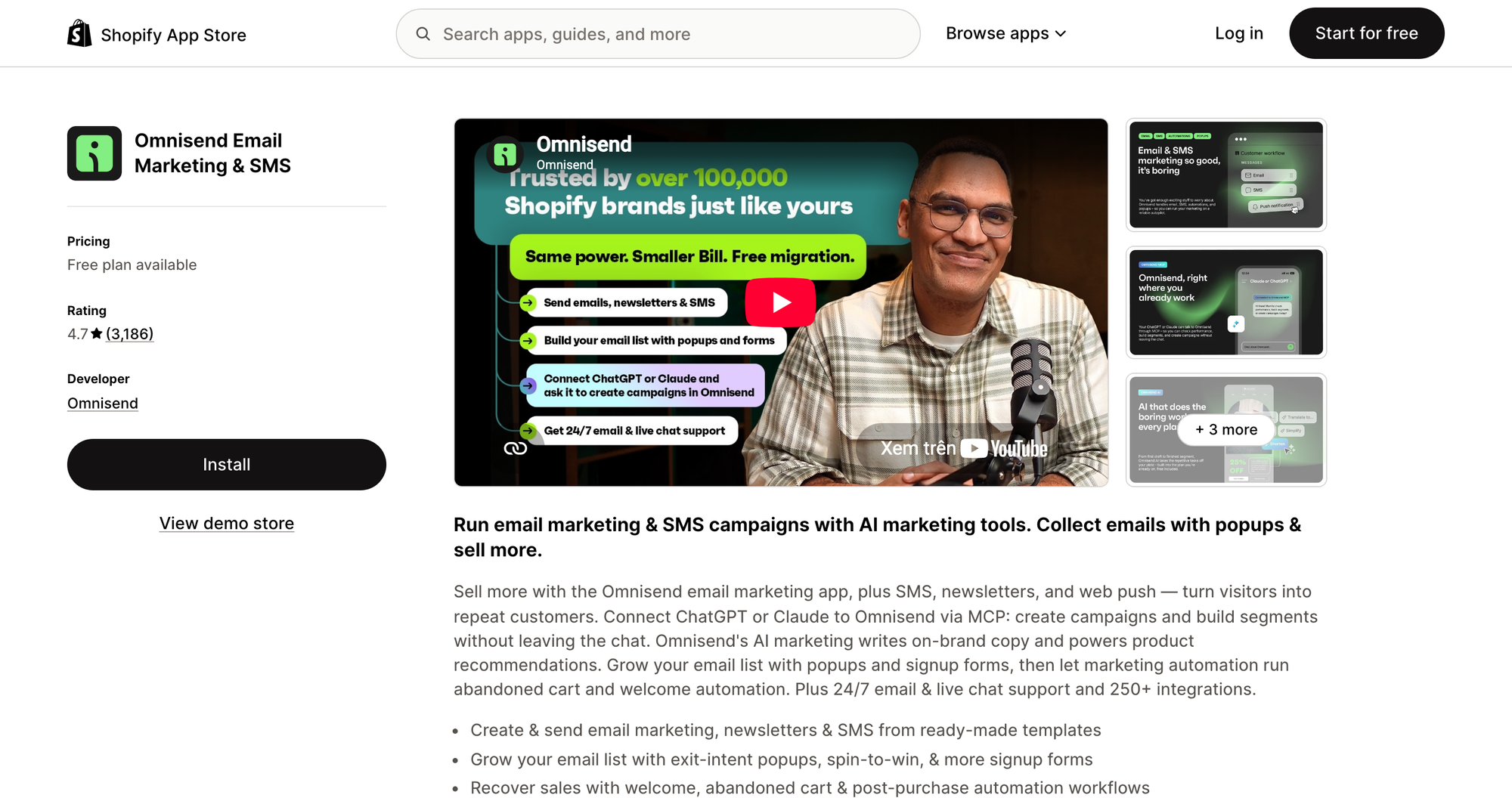 Omnisend email marketing listing on the Shopify App Store