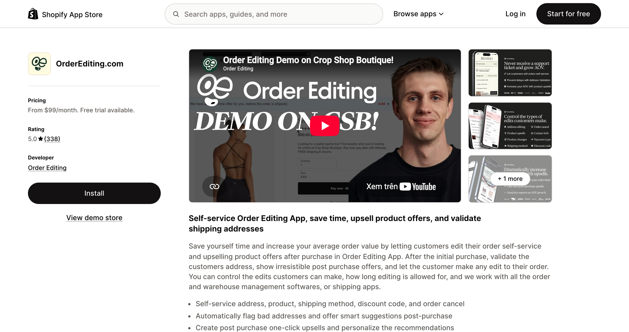 OrderEditing.com listing on the Shopify App Store