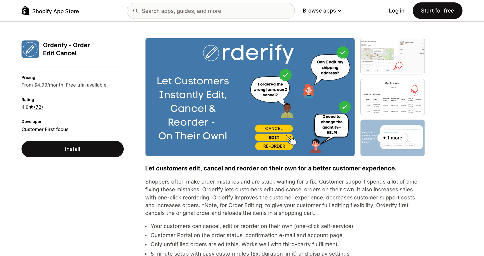 Orderify order edit and cancel listing on the Shopify App Store