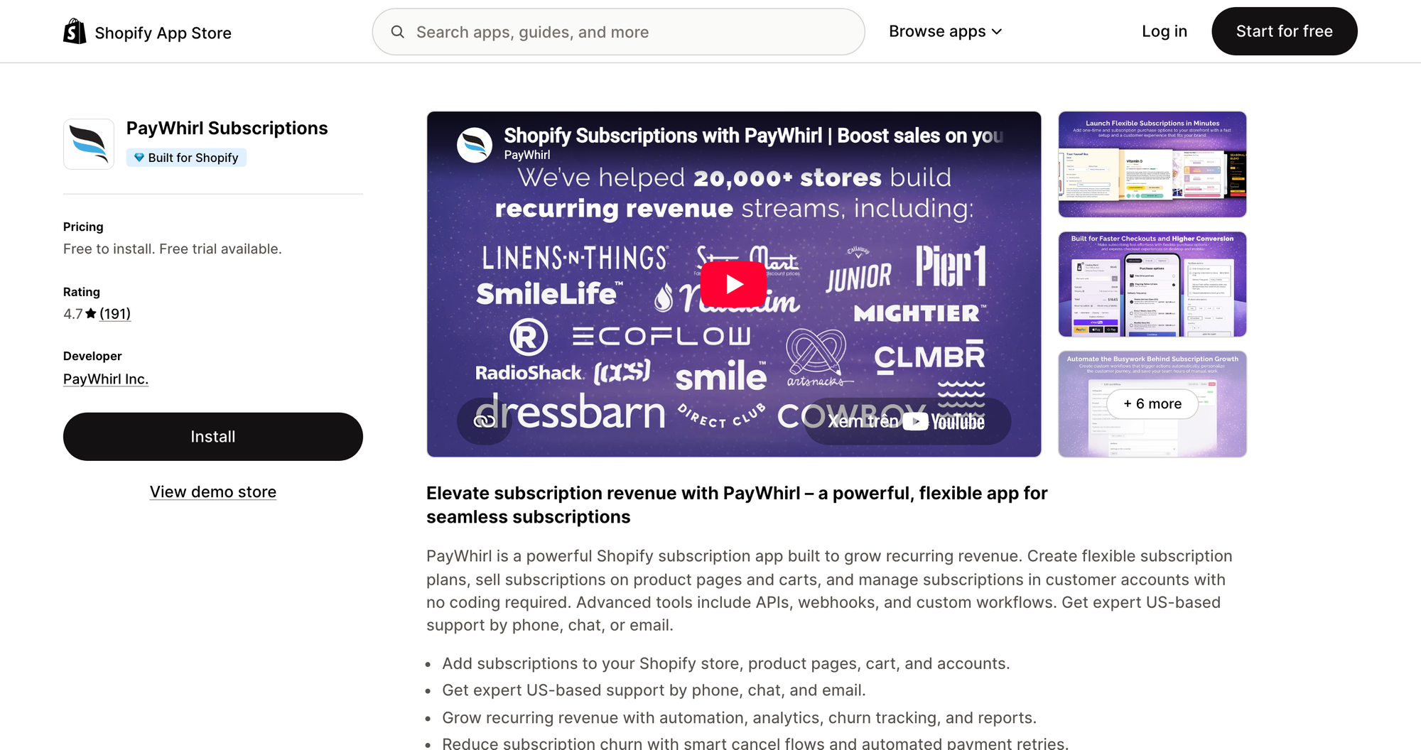 PayWhirl Subscriptions listing on the Shopify App Store
