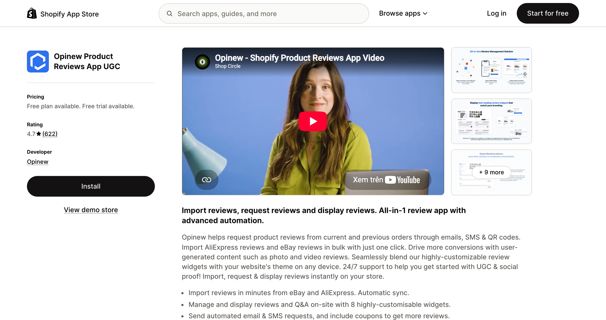 Opinew Product Reviews App UGC listing on the Shopify App Store