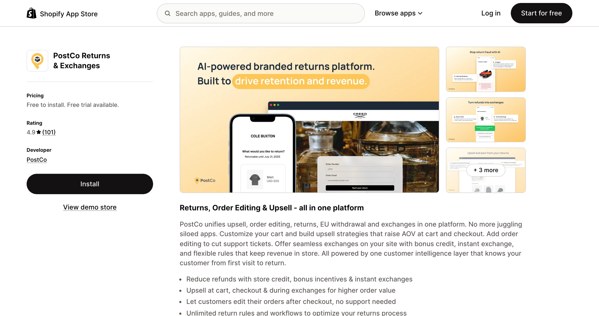 PostCo Returns & Exchanges listing on the Shopify App Store