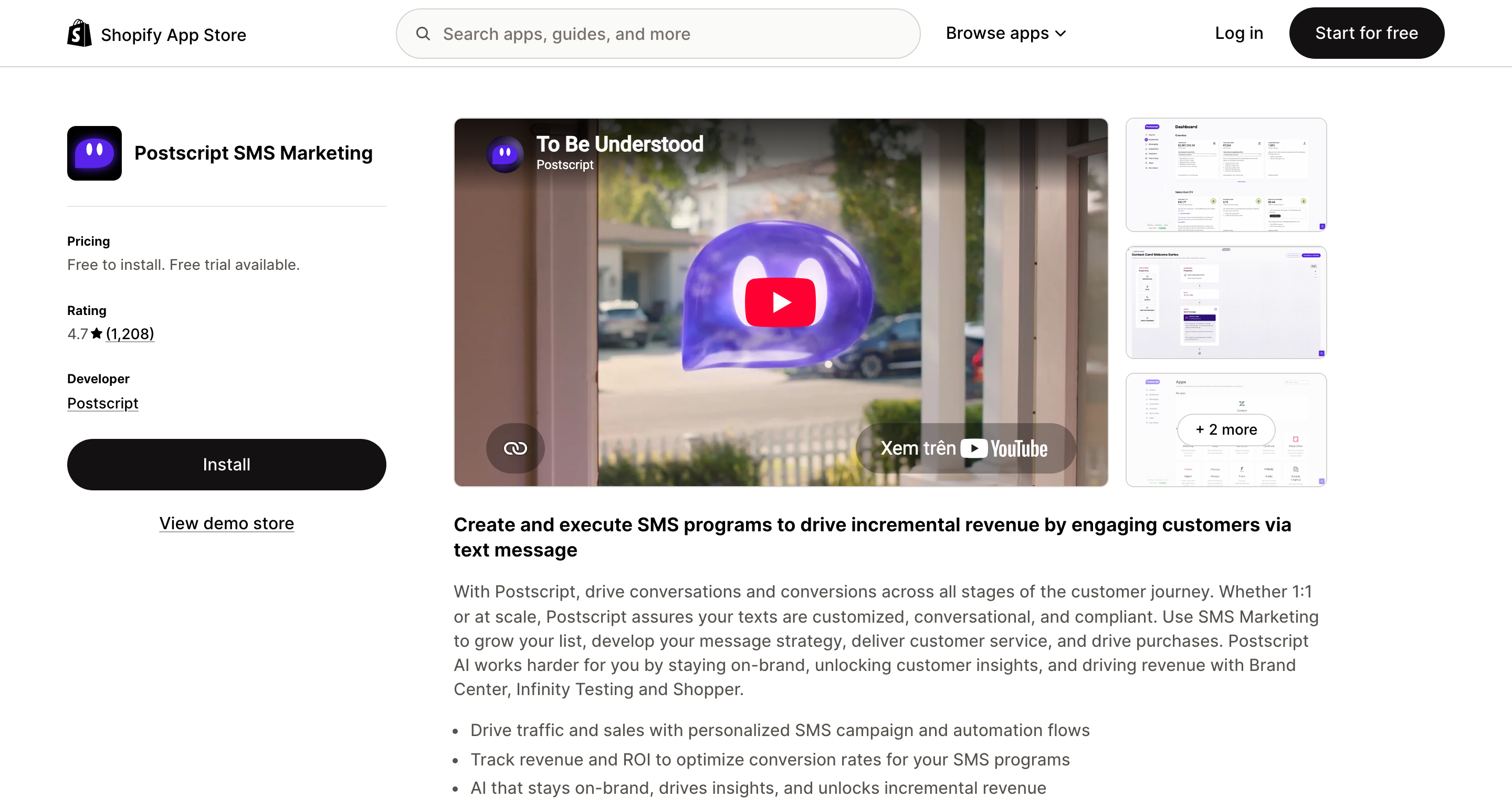 Postscript SMS Marketing listing on the Shopify App Store
