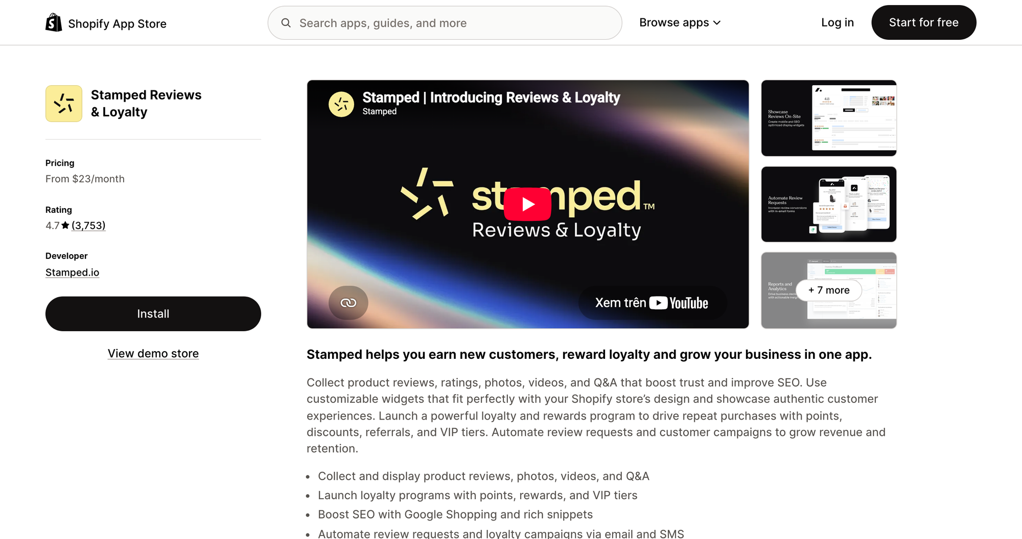 Stamped Reviews and Loyalty listing on the Shopify App Store