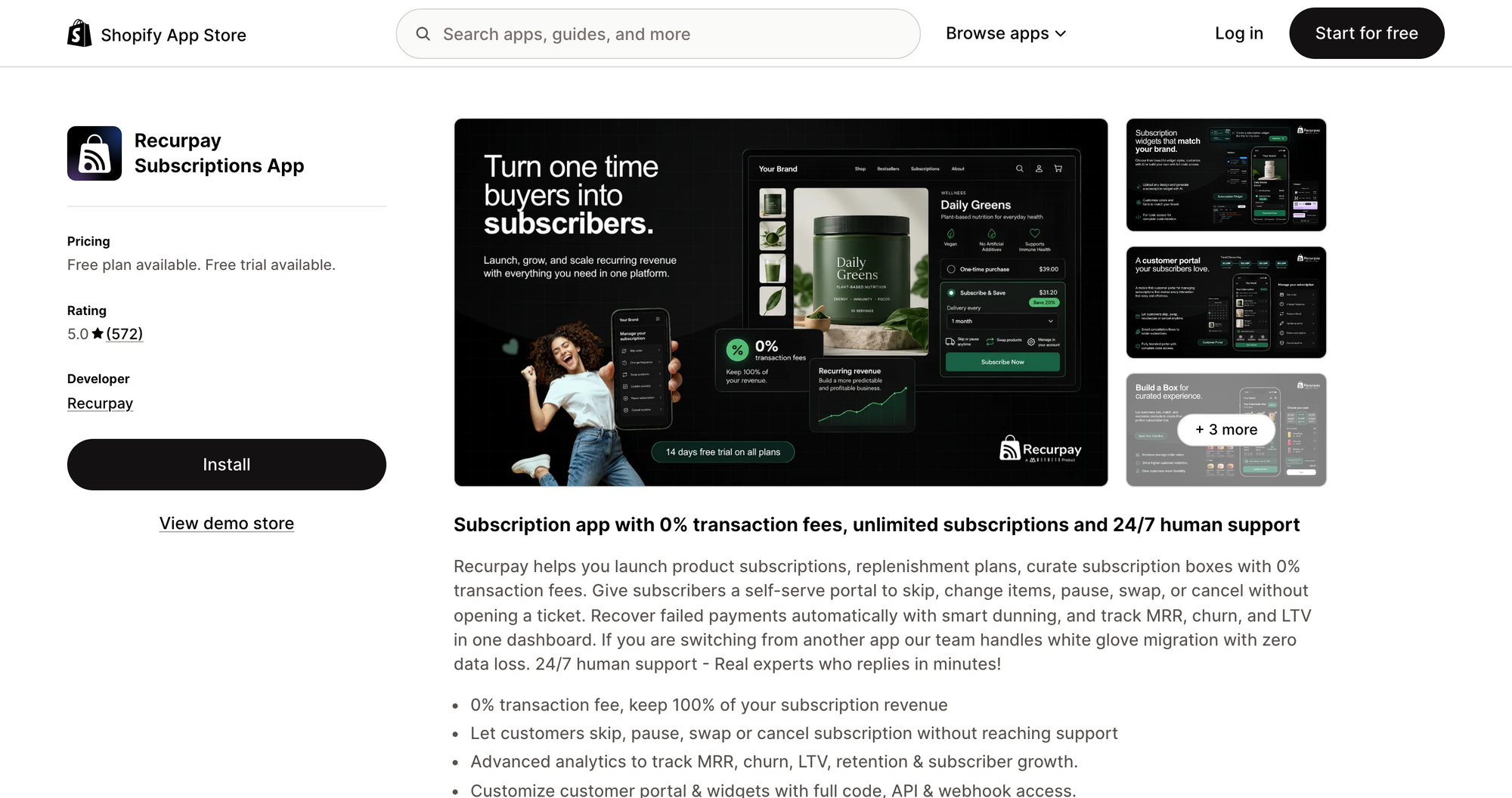 Recurpay Subscriptions listing on the Shopify App Store