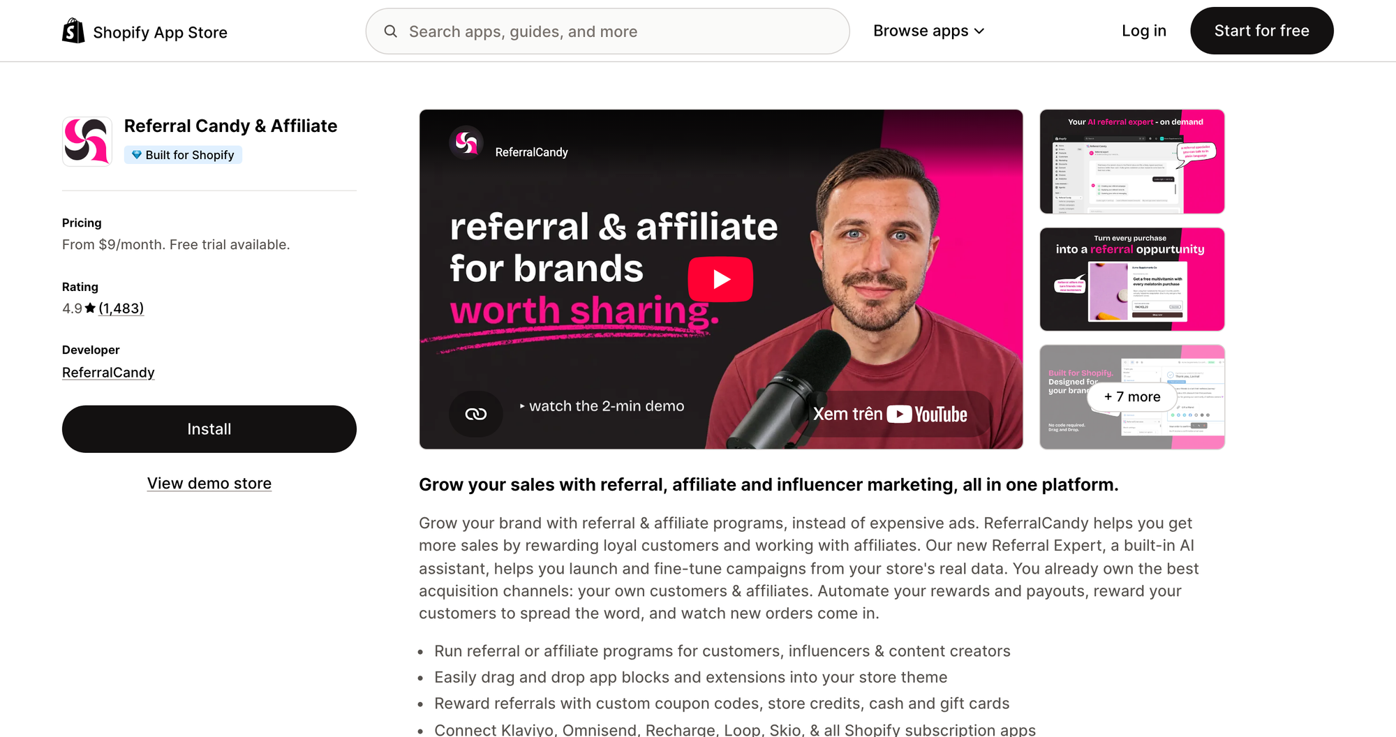 Referral Candy & Affiliate listing on the Shopify App Store