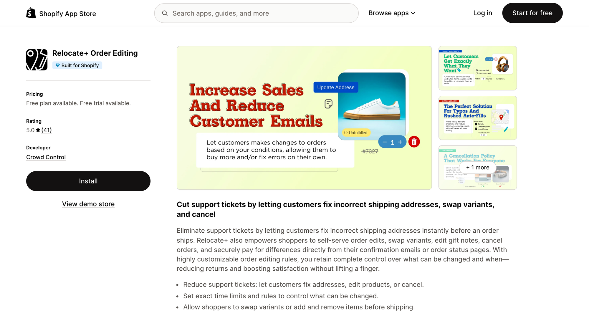 Relocate+ order editing listing on the Shopify App Store