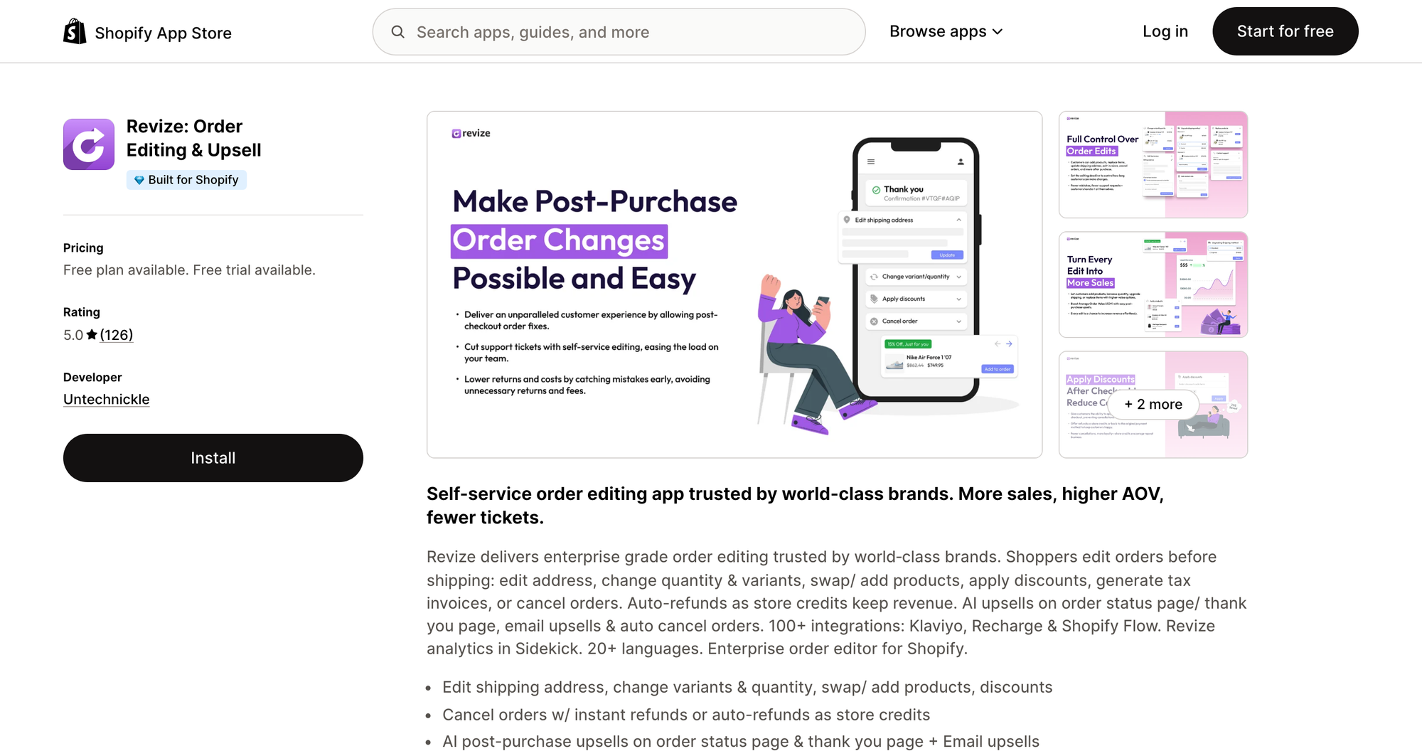 Revize order editing and upsell listing on the Shopify App Store