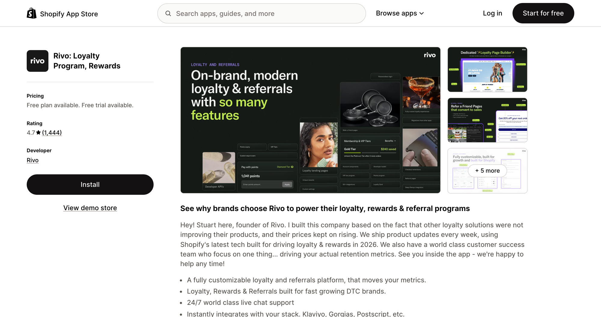 Rivo: Loyalty Program, Rewards listing on the Shopify App Store