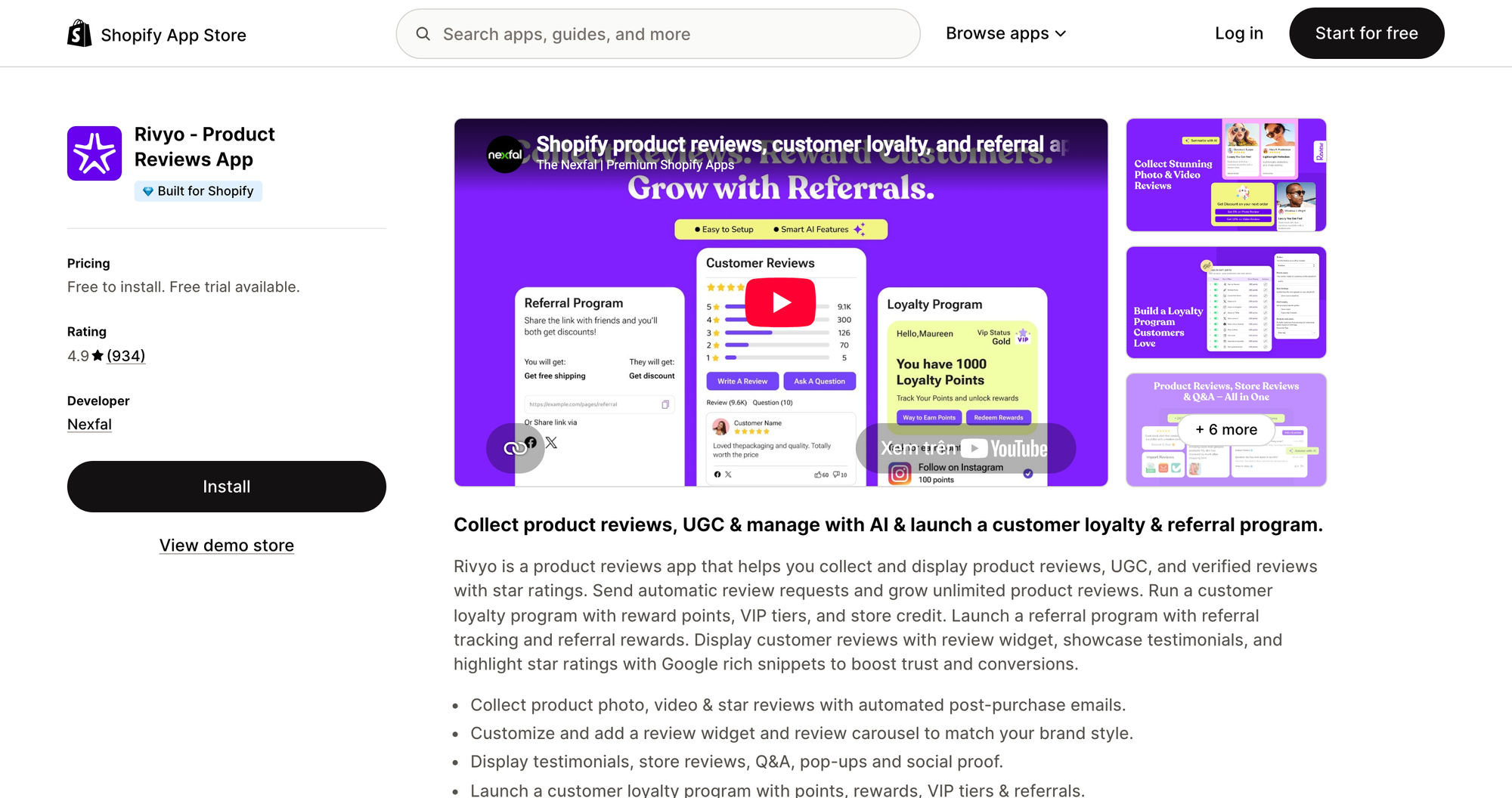 Rivyo Product Reviews listing on the Shopify App Store