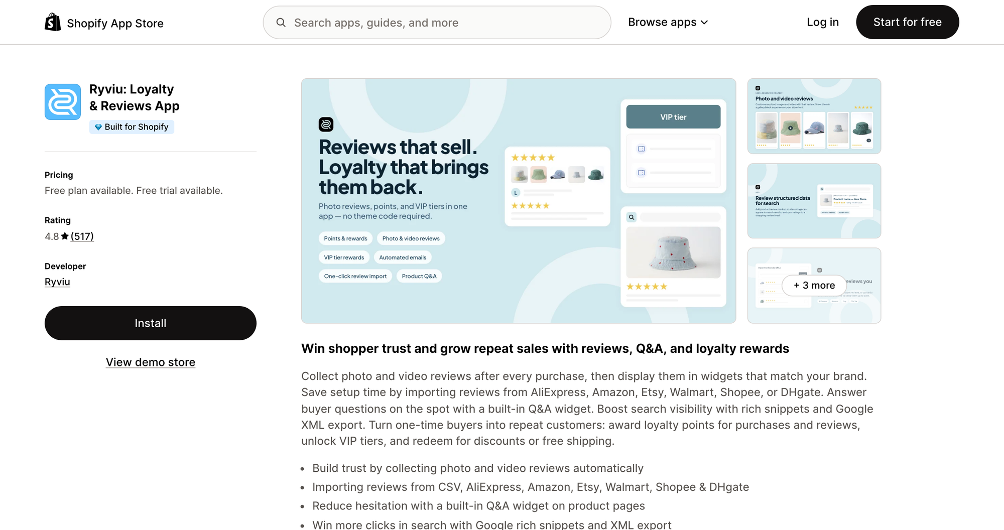 Ryviu Reviews and Loyalty listing on the Shopify App Store