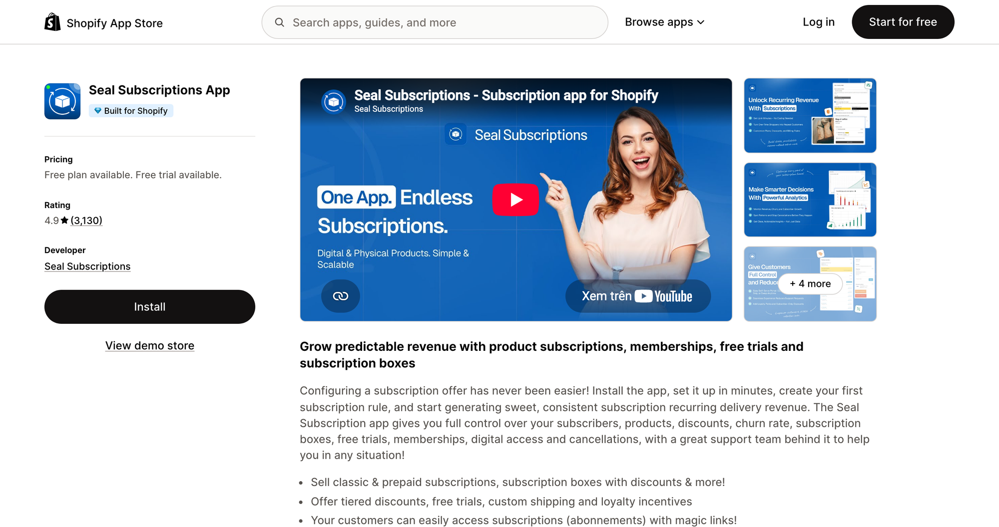 Seal Subscriptions App listing on the Shopify App Store