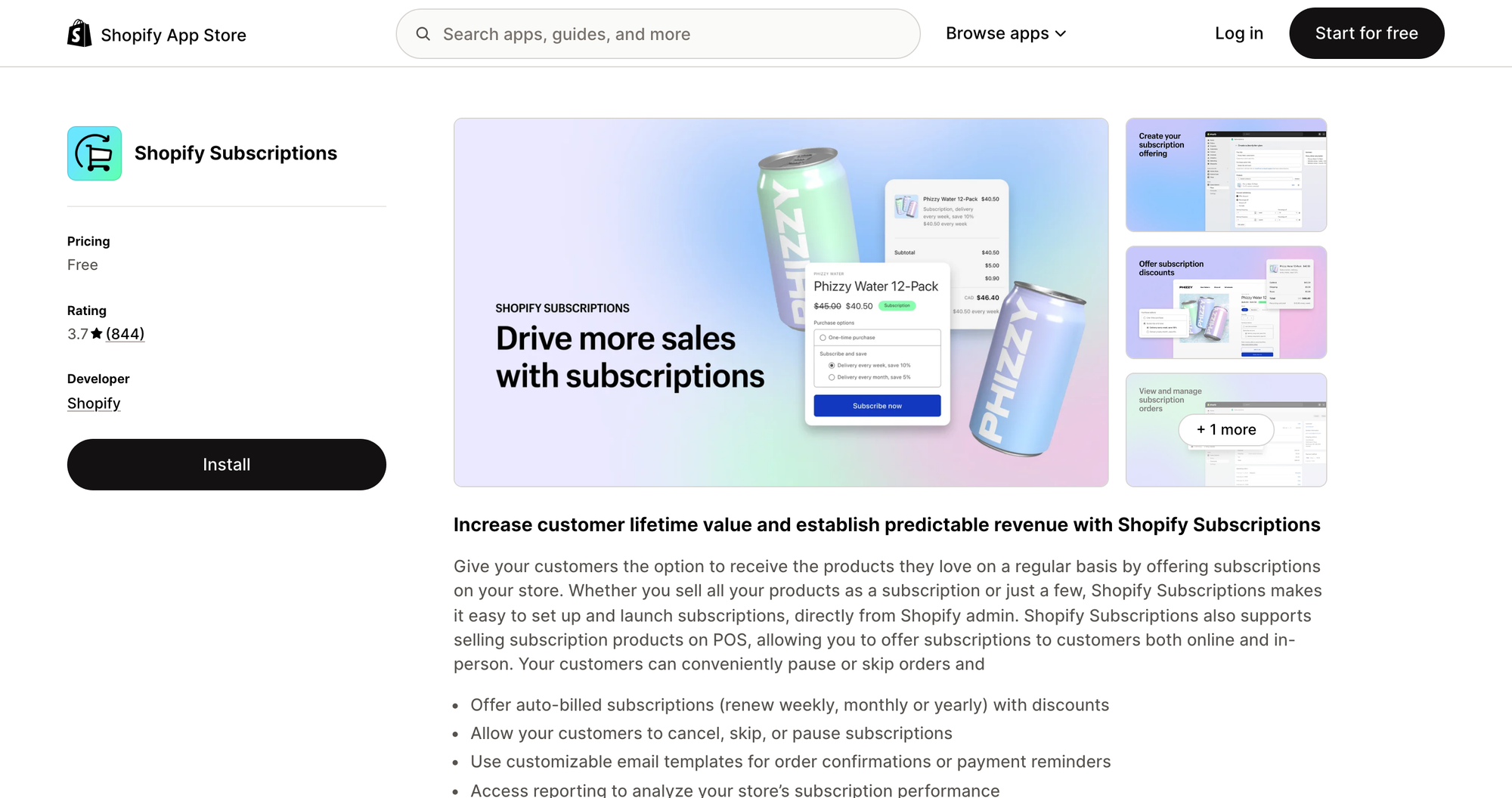 Shopify Subscriptions listing on the Shopify App Store