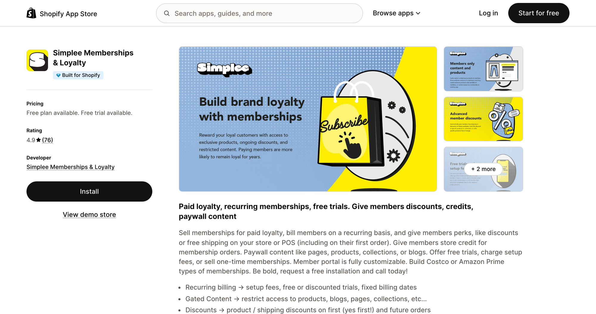 Simplee Memberships & Loyalty listing on the Shopify App Store
