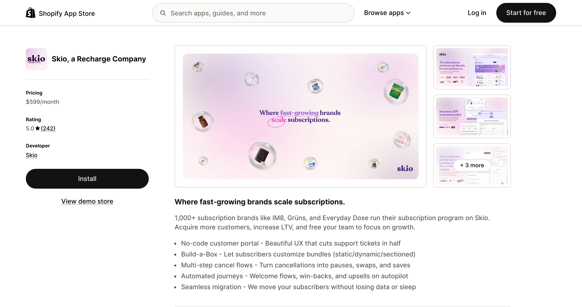 Skio, a Recharge Company listing on the Shopify App Store