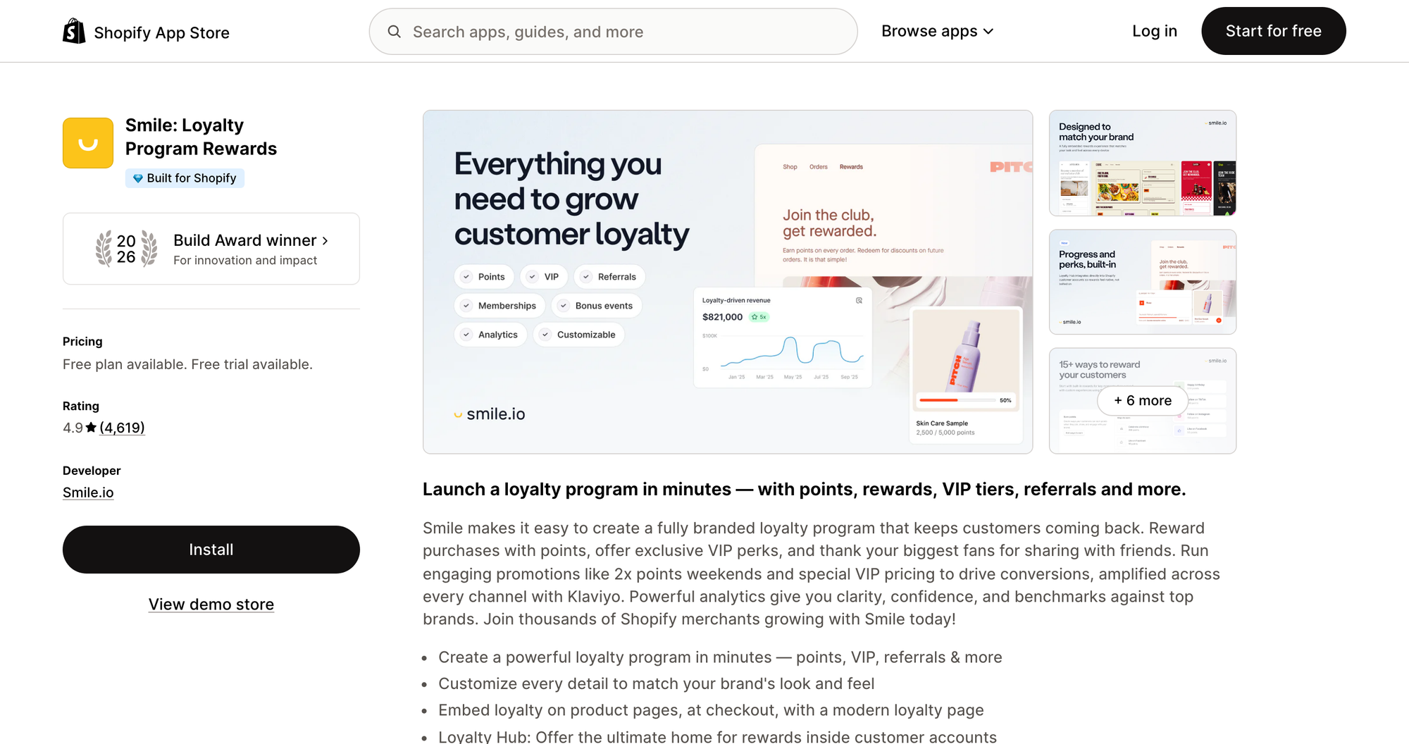 Smile: Loyalty Program Rewards listing on the Shopify App Store