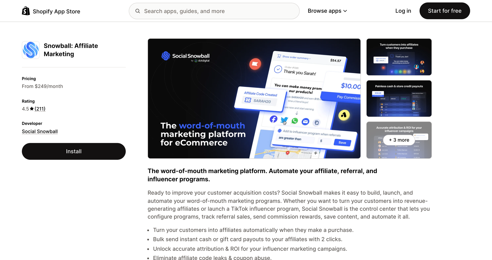 Snowball: Affiliate Marketing listing on the Shopify App Store