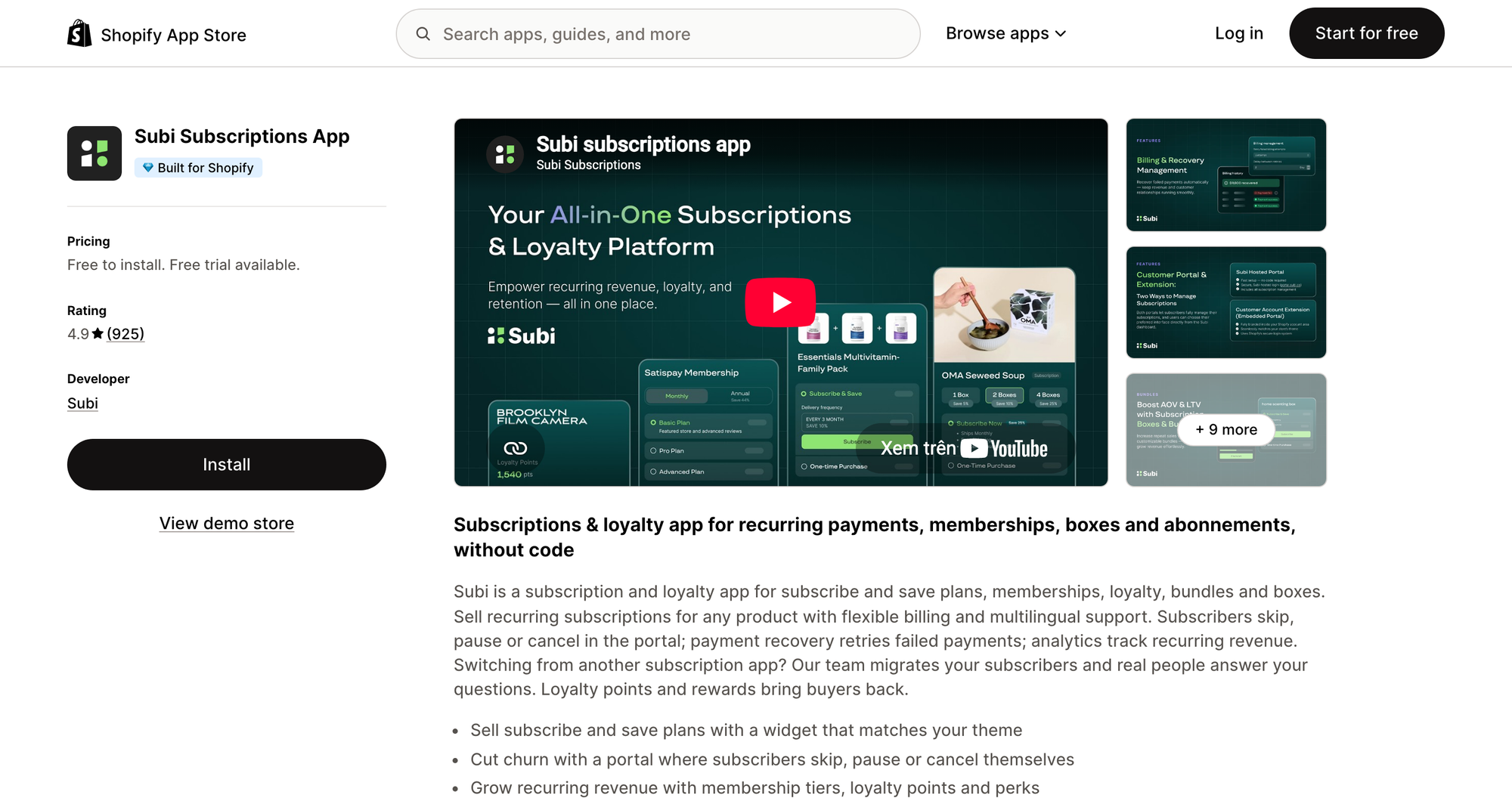 Subi Subscriptions App listing on the Shopify App Store