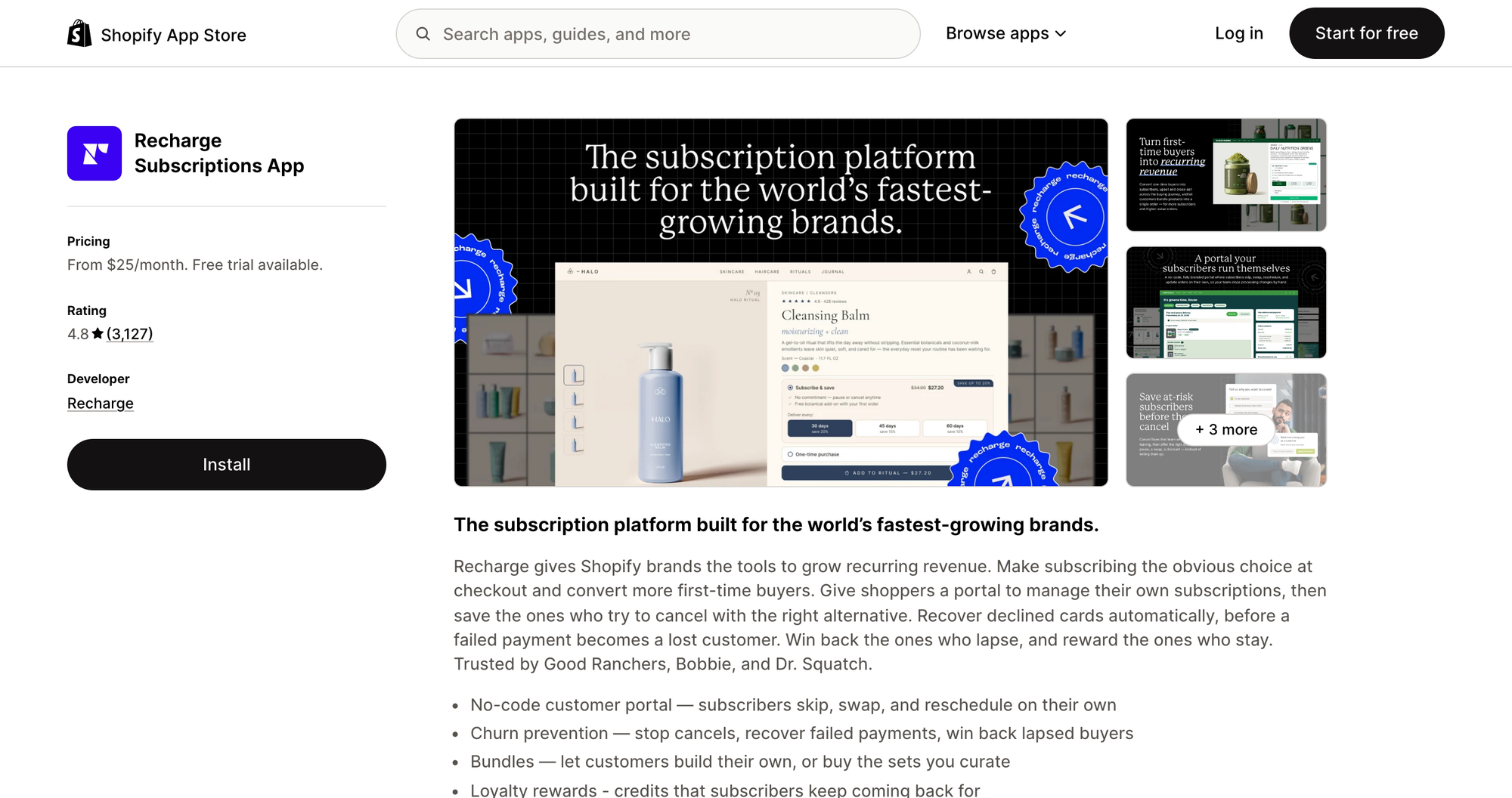 Recharge Subscriptions listing on the Shopify App Store