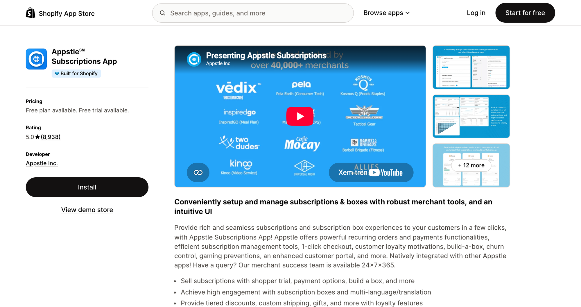 Appstle Subscriptions listing on the Shopify App Store